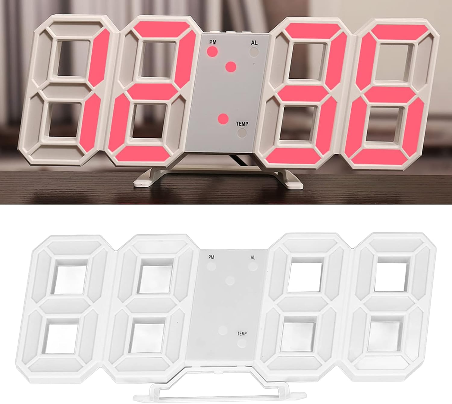 Moderne weiße LED-Digitaluhr mit leuchtend rosa Ziffern auf einem Tisch.