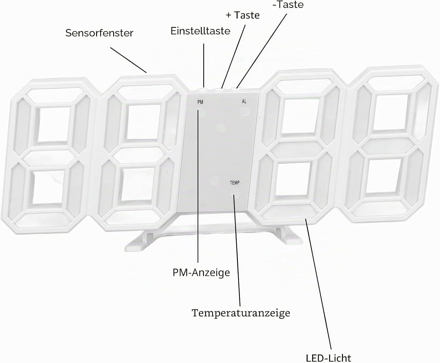 Weisse digitale 3D-LED-Uhr mit Beschriftungen fuer Tasten, Sensorfenster und Anzeigefunktionen.