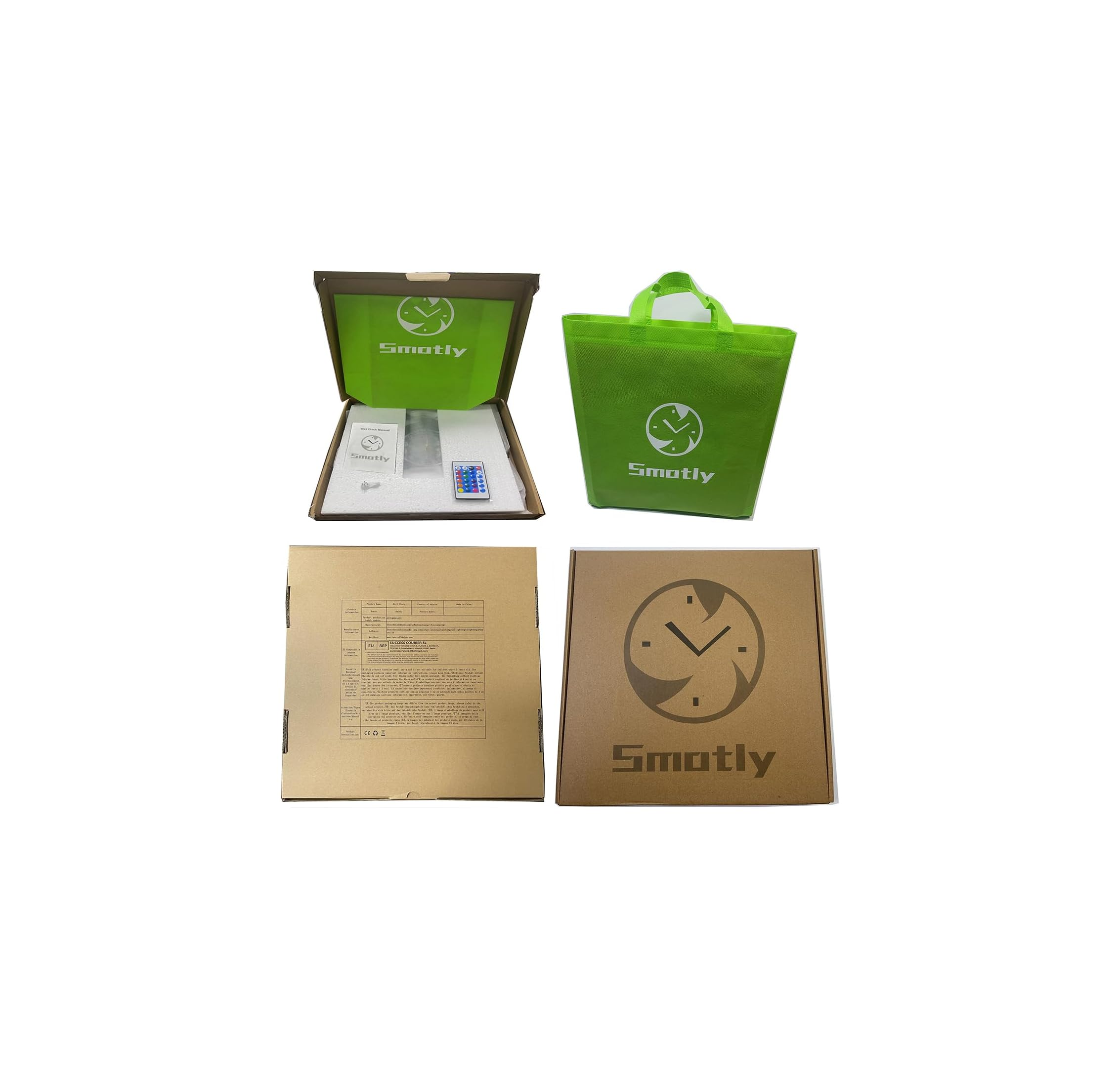 Smotly Wanduhr Produktverpackung mit grüner Tasche, offener Schachtel mit Zubehör und geschlossenen Schachteln.
