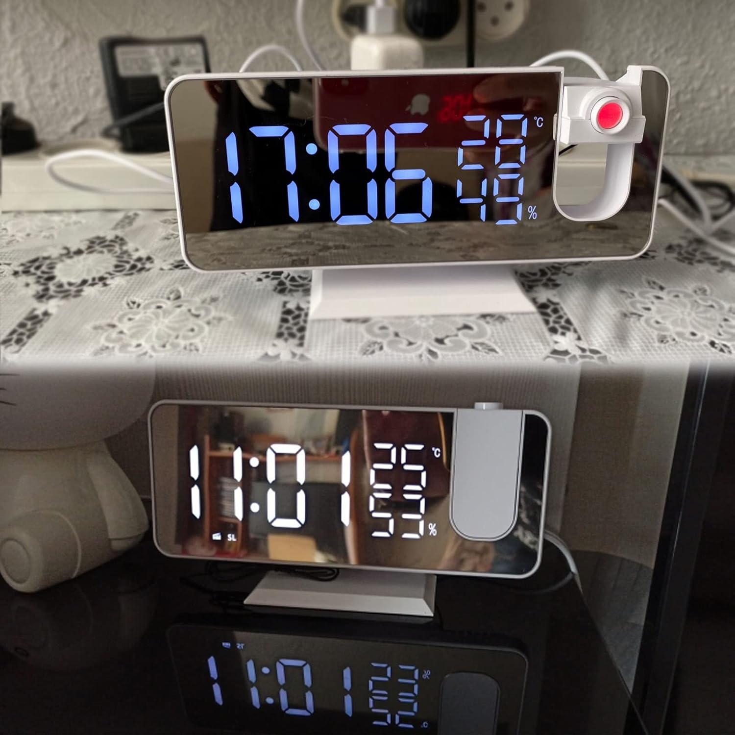 Digitale Wecker mit Spiegelfläche, blau und weiß leuchtenden Zahlen für Uhrzeit, Temperatur und Luftfeuchtigkeit.