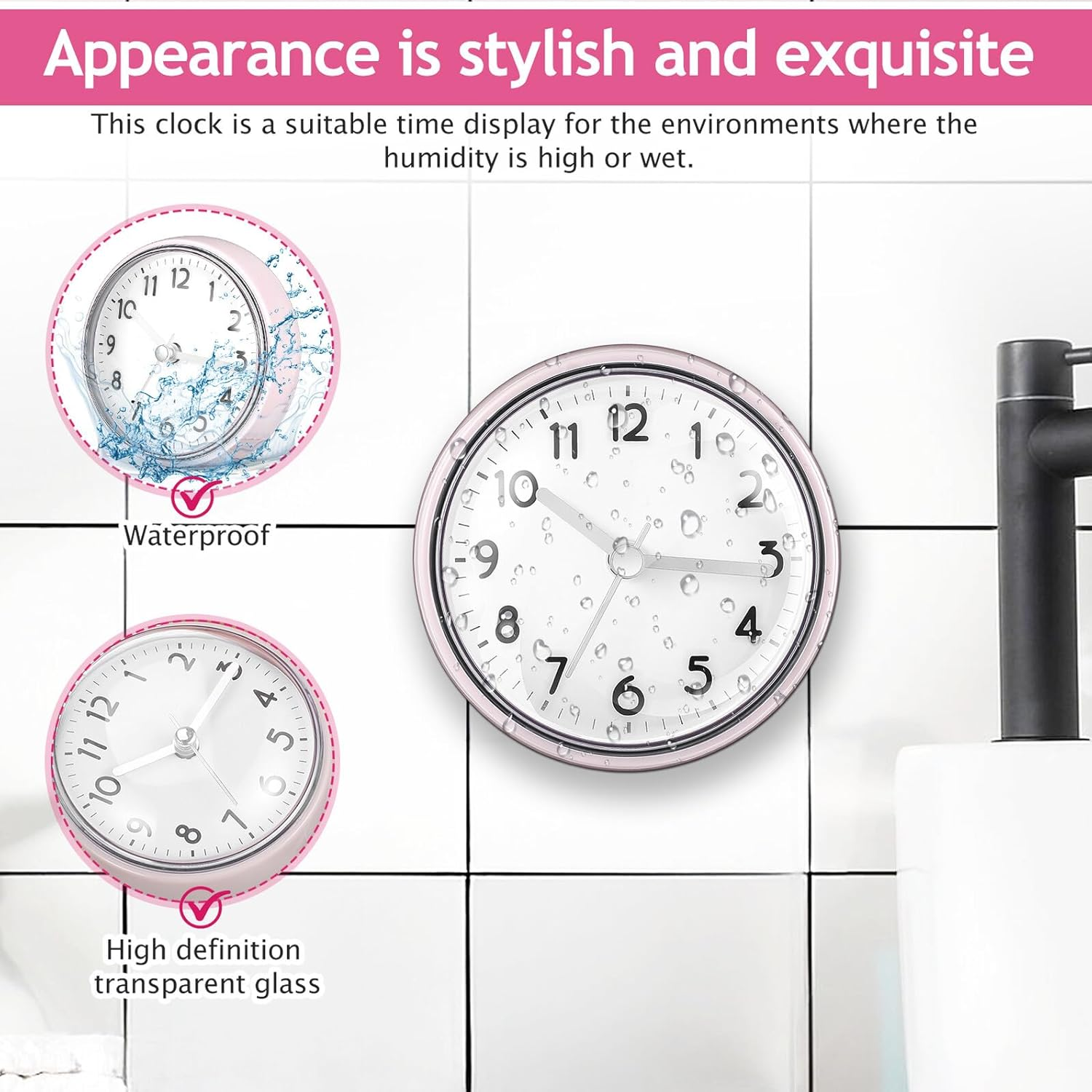 Wasserdichte rosa Uhr mit klarem Glas, montiert an einer gefliesten Wand.