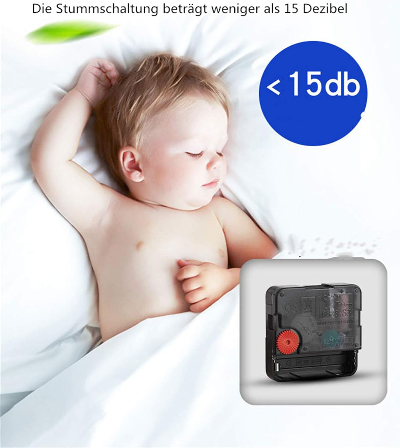 Ein Baby schläft friedlich in weißer Bettwäsche, begleitet von einem Uhrenwerk und einem leisen Geräuschpegel-Symbol.