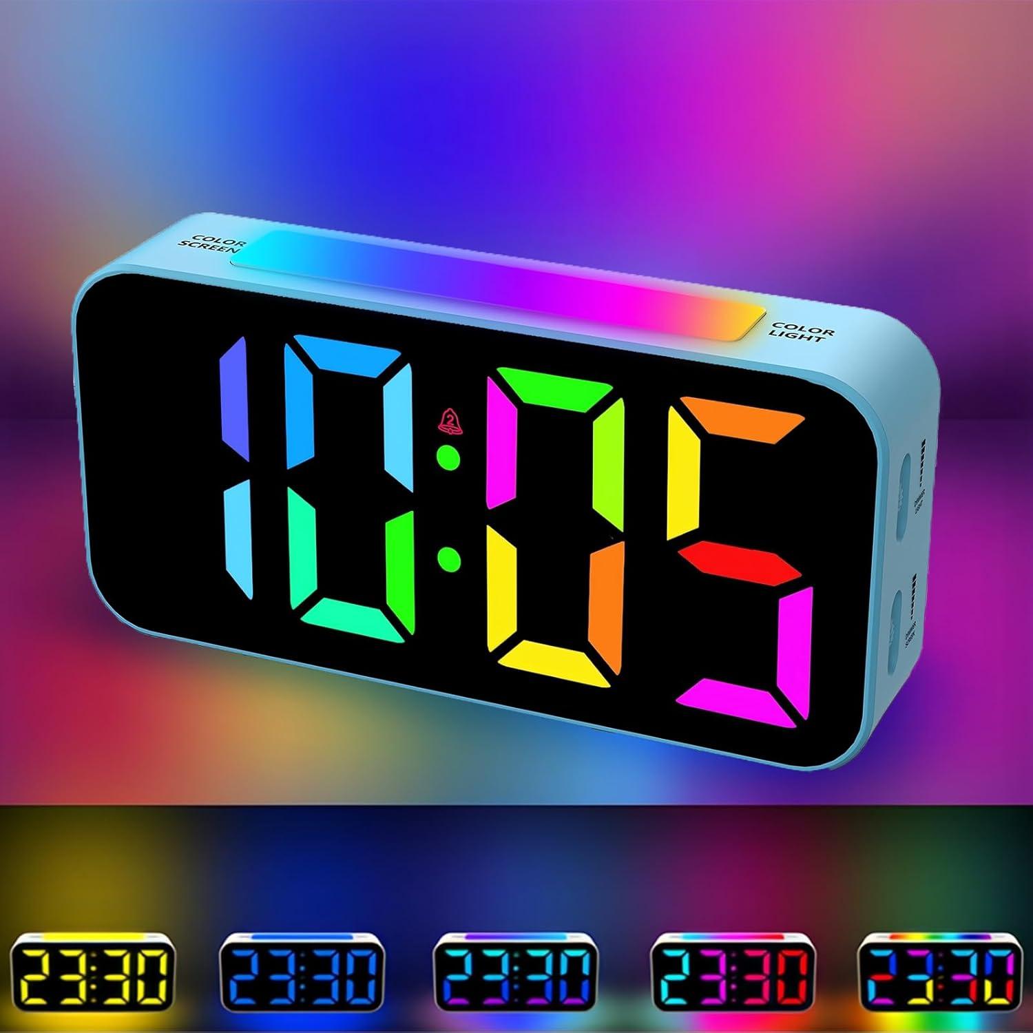 Digitaler Wecker mit farbig leuchtendem LED-Display und Farbverlauf oben vor unscharfem Hintergrund.