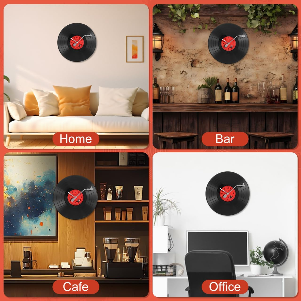 Vier Bilder zeigen eine Wanduhr aus Schallplatten in den Bereichen Heim, Bar, Café und Büro.