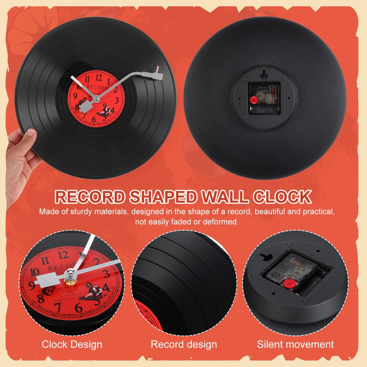 Wanduhr im Vinyl-Schallplatten-Design mit rotem Zifferblatt und leisem Uhrwerk.