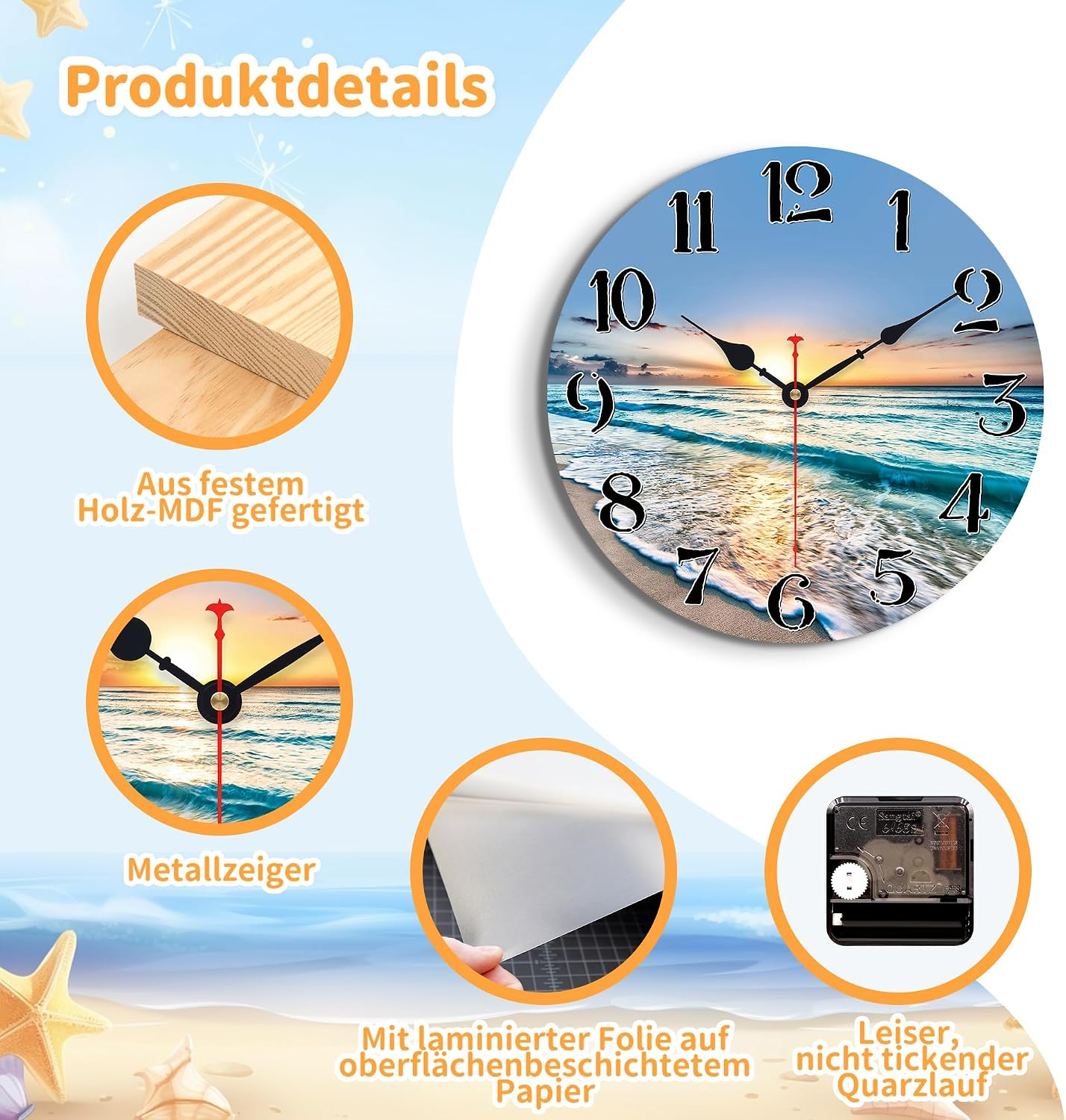 Produktdetails einer Strand-Wanduhr mit MDF-Holz, Metallzeigern, laminiertem Papier und leiser Quarzuhr.