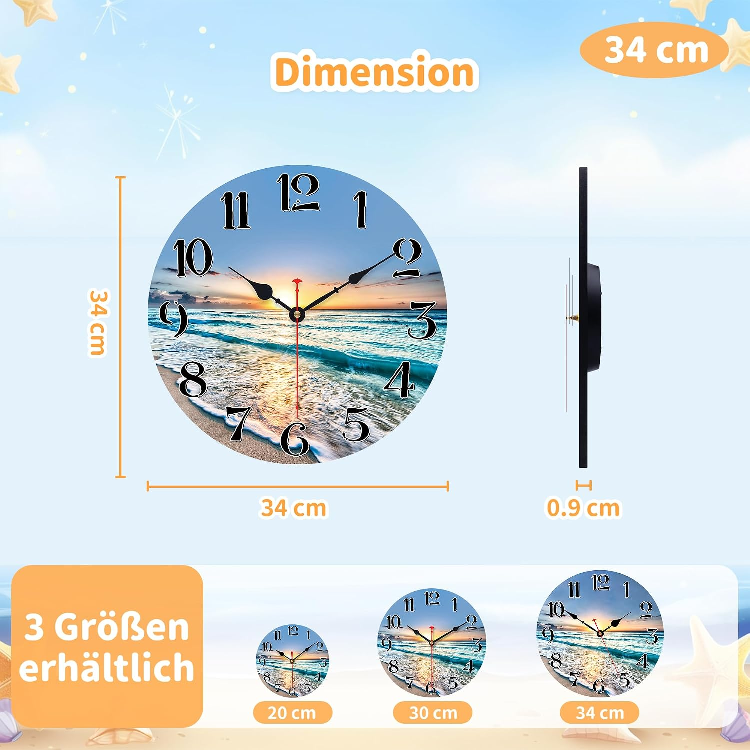 Diagramm einer runden Strand-Wanduhr mit Abmessungen von 34 cm Durchmesser und 0,9 cm Dicke sowie drei Größenoptionen.