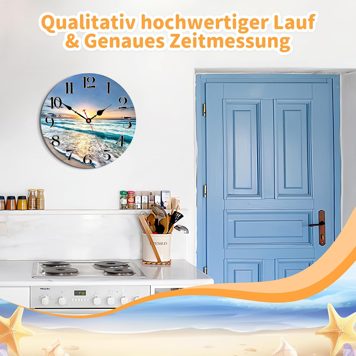 Eine Wanduhr mit Strandmotiv hängt in einer Küche neben einer blauen Tür und einem Ofen.