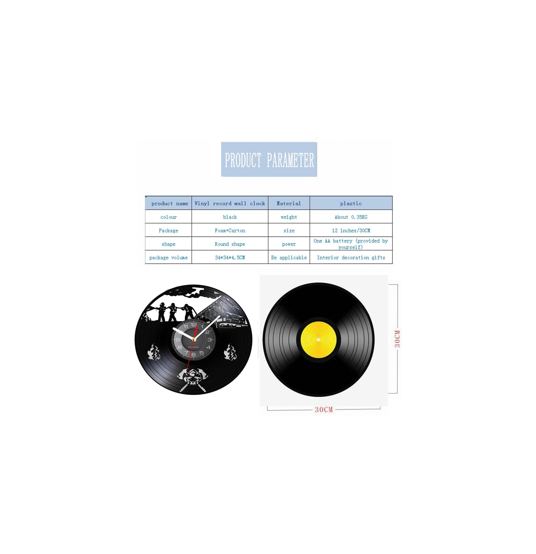 Produktspezifikationen und Abbildungen einer schwarzen Vinyl-Schallplatten-Wanduhr mit 30 cm Durchmesser.