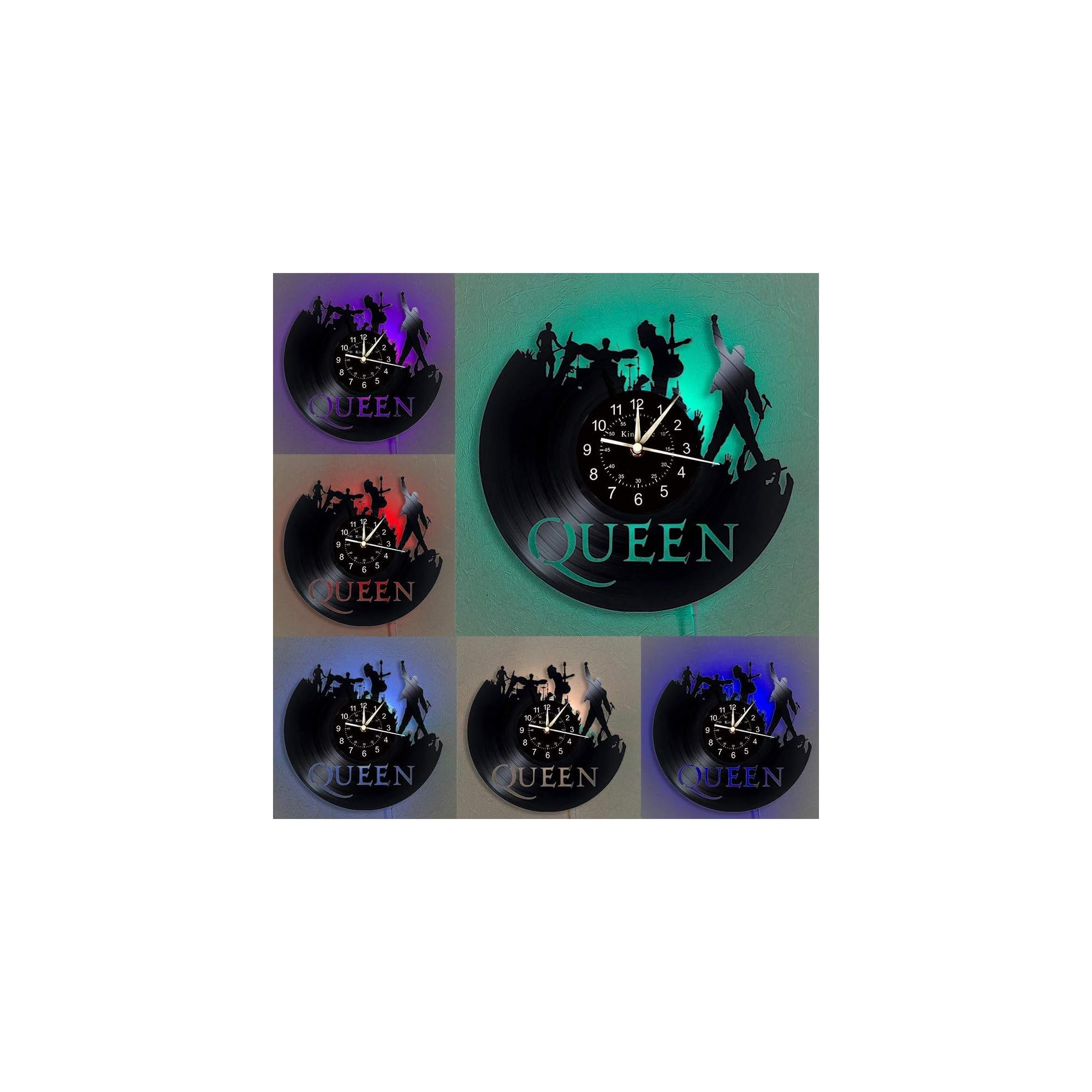Eine von hinten beleuchtete Wanduhr aus einer Vinylschallplatte mit Bandmotiven von Queen und bunten LED-Farben.