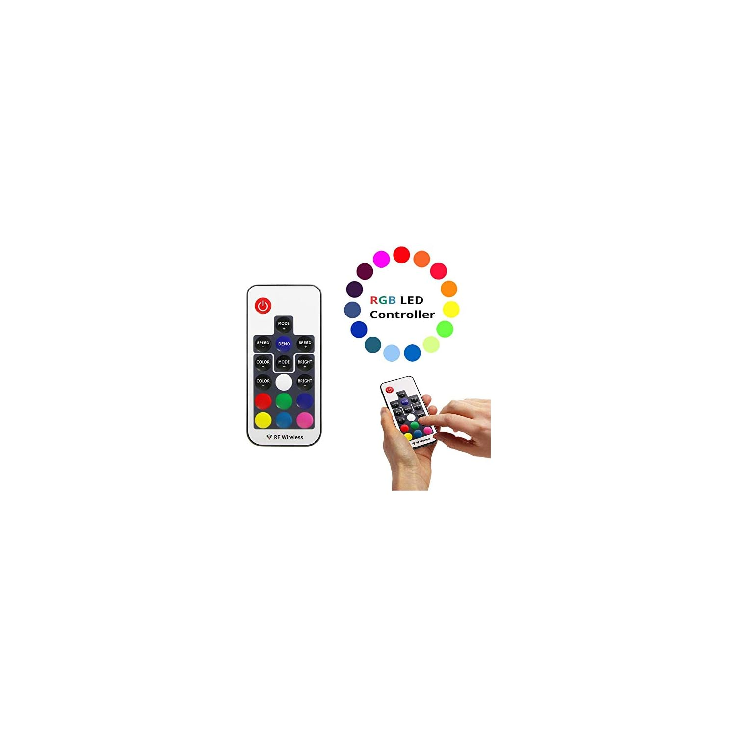 Eine Hand bedient eine weiße RGB-LED-Fernbedienung mit farbigen Tasten und einem runden Farbkreis im Hintergrund.