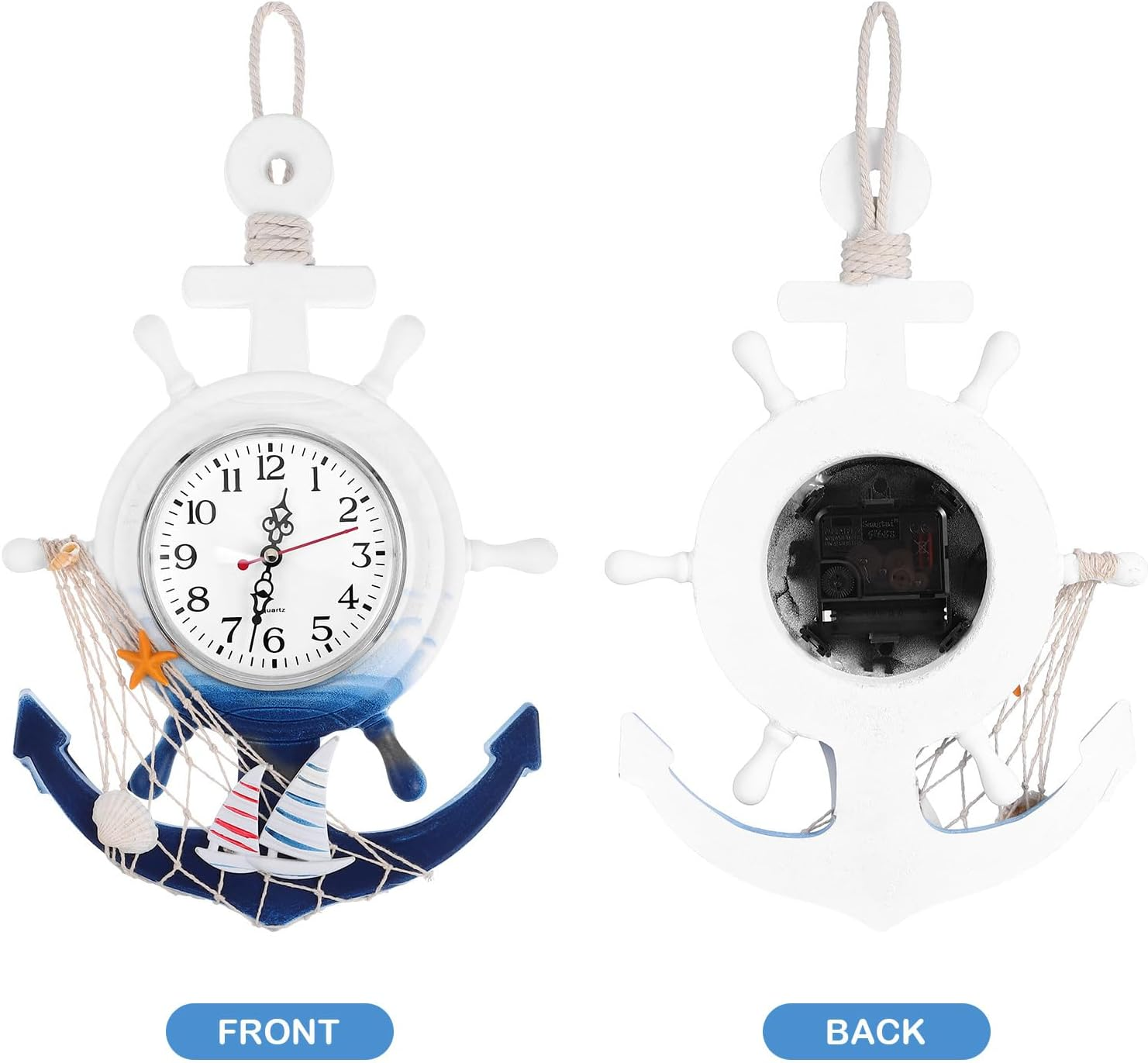 Vorder- und Rückseite einer nautischen Schiffssteuerrad-Wimhuhr mit Anker, Segelboot und Fischernetz.