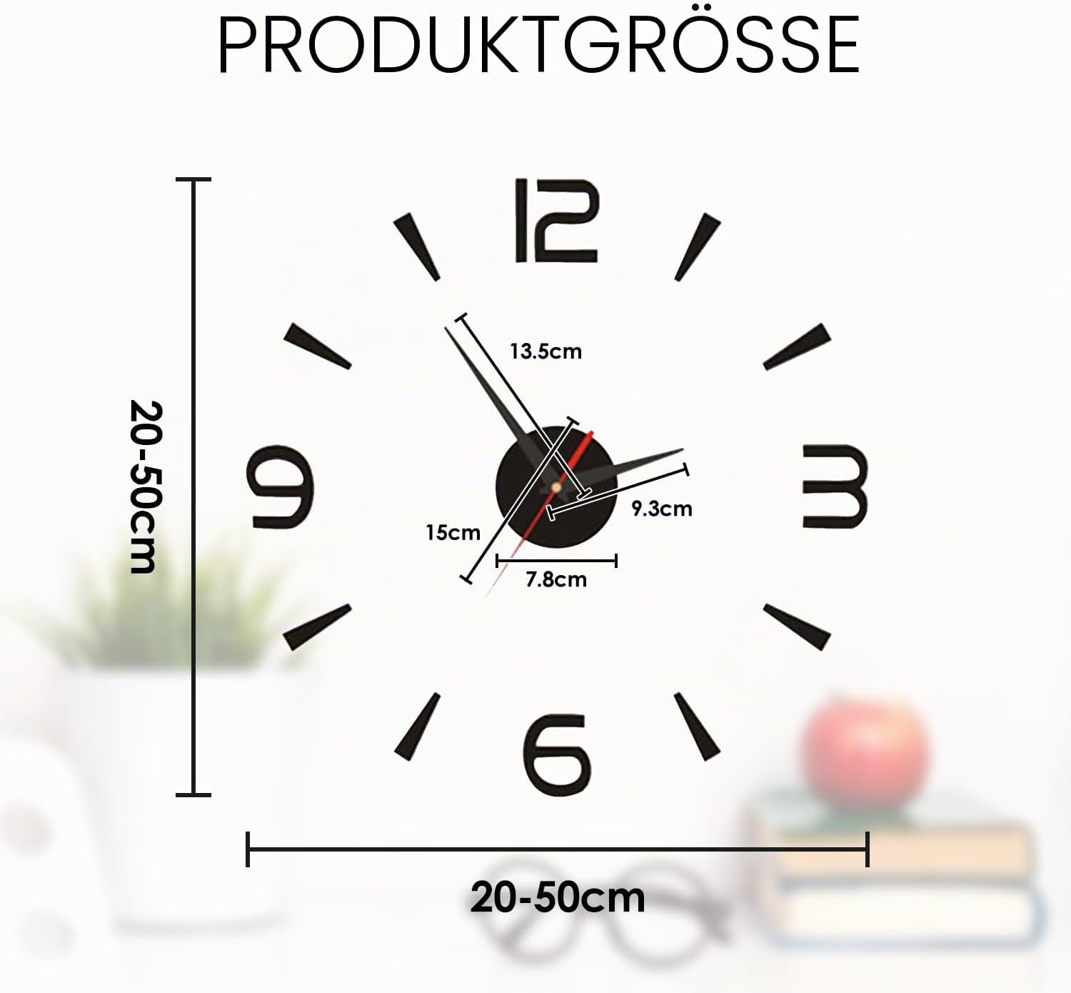 Diagramm einer modernen Wanduhr mit Maßen von 20-50 cm und Hand-Längenangaben.