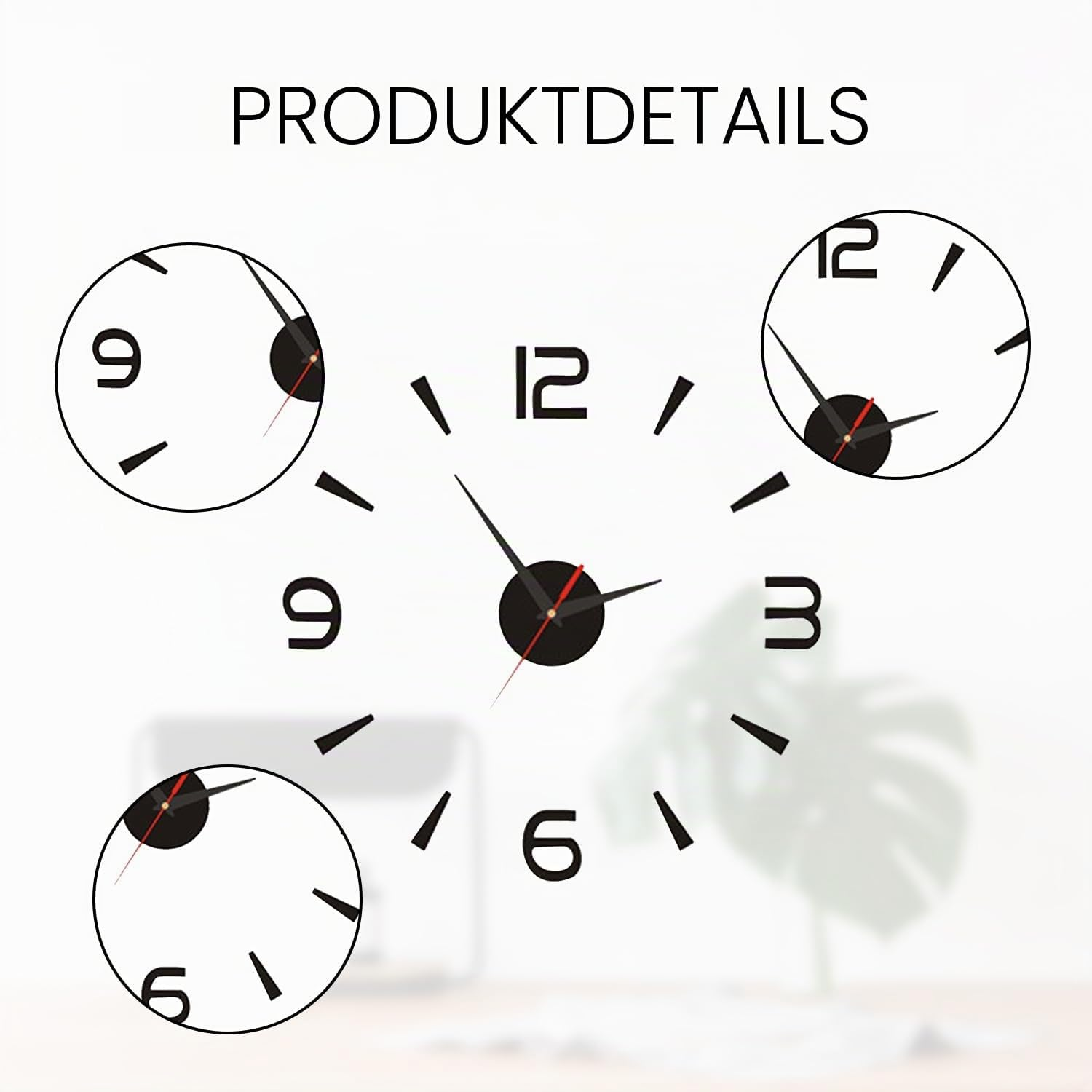 Wandtattoo-Uhr mit großen Ziffern und drei Ausschnitten, die Details zeigen, und dem Titel Produktdetails.