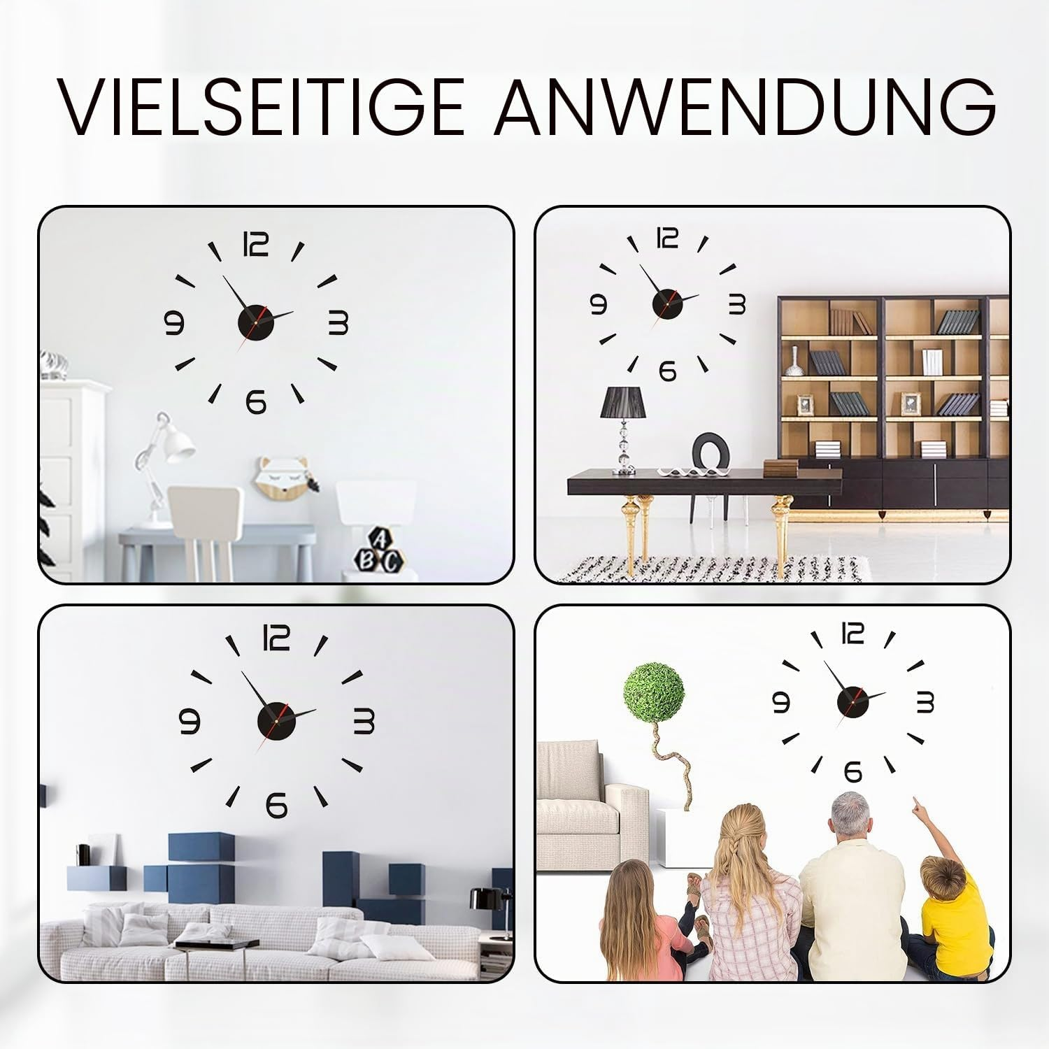 Vier Bilder zeigen eine moderne Wanduhr in verschiedenen Zimmern: Kinderzimmer, Arbeitszimmer, Wohnzimmer und Familie.