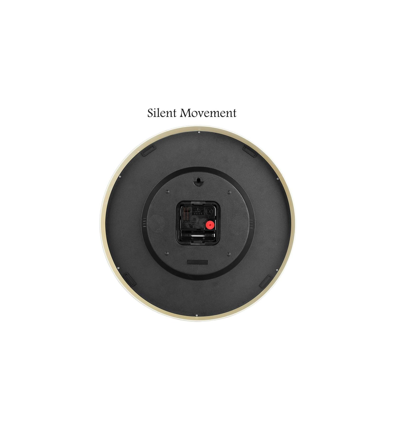 Rückansicht einer runden schwarzen Wanduhr mit dem Text 'Silent Movement' darüber.