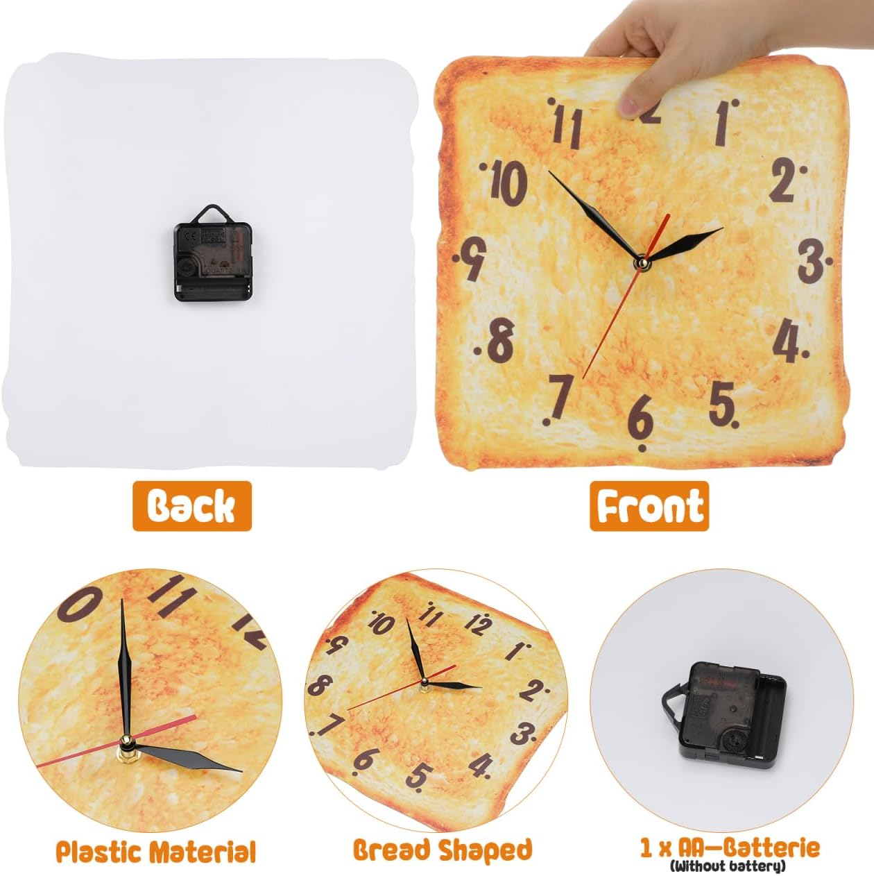 Toastbrot-Förmige Wanduhr mit Zifferblatt, Uhrwerk auf der Rückseite und Details aus Kunststoff.