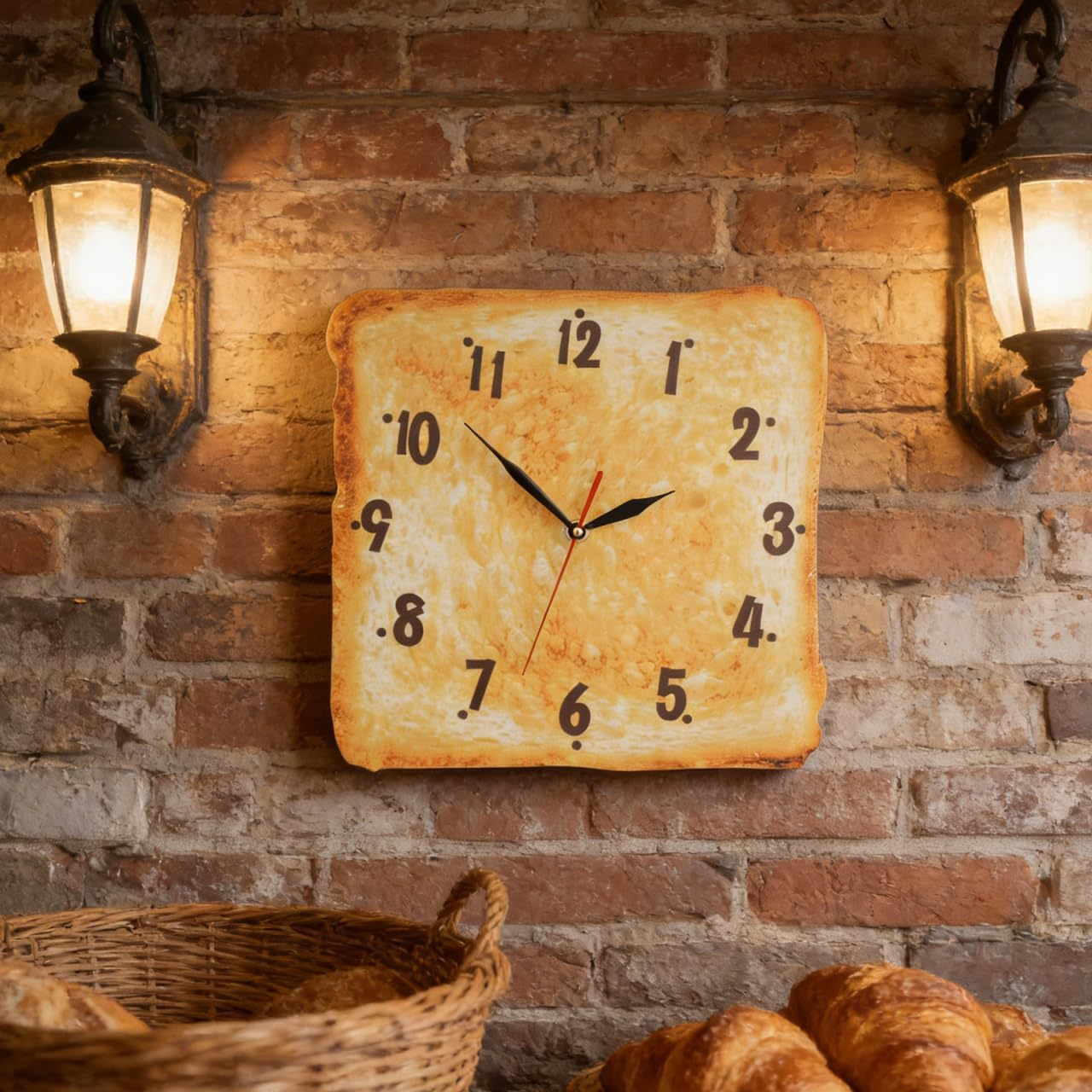 Toastbrot-Uhr an einer Ziegelwand, flankiert von Wandlampen, mit einem Korb und Croissants im Vordergrund.