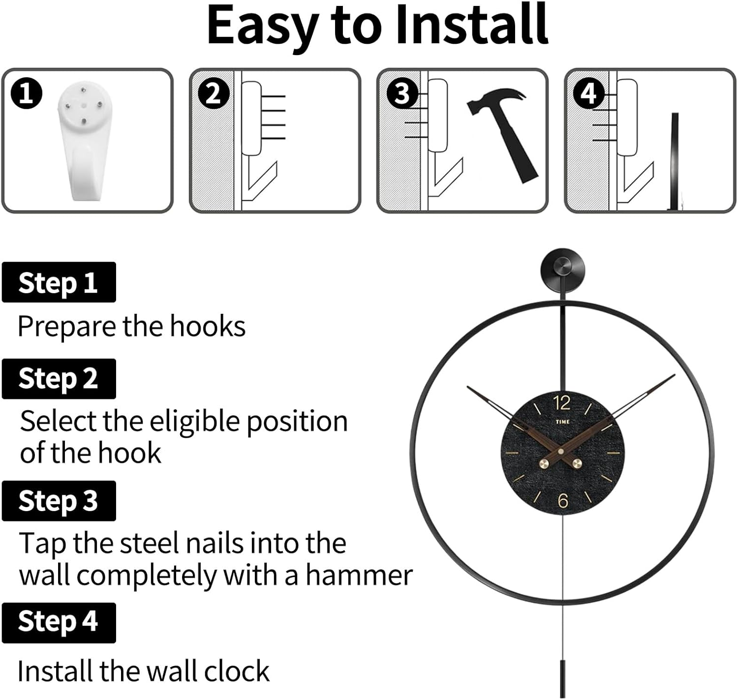 Vier Schritte zur Installation der Wanduhr mit Haken, Nägeln und Hammer.