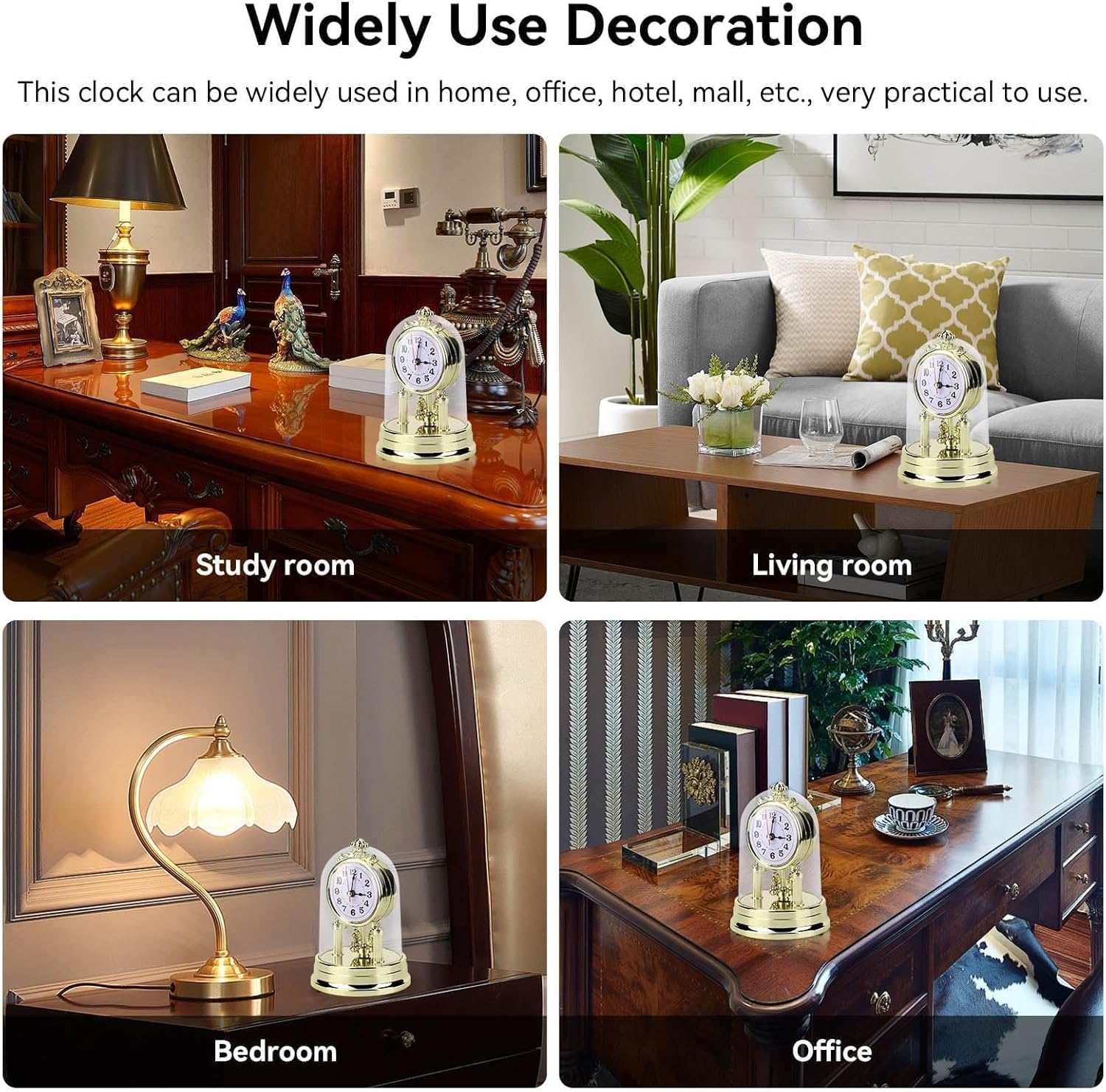 Eine goldene Kuppeluhr in vier Räumen: Arbeitszimmer, Wohnzimmer, Schlafzimmer und Büro.