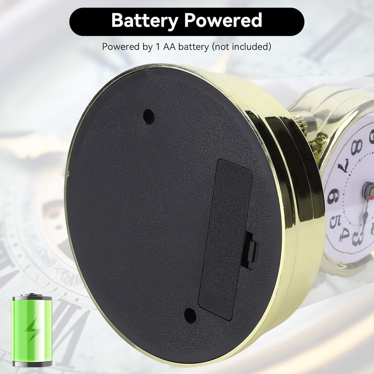 Rückseite einer batteriebetriebenen Uhr mit Batteriefach, Text oben lautet Battery Powered.