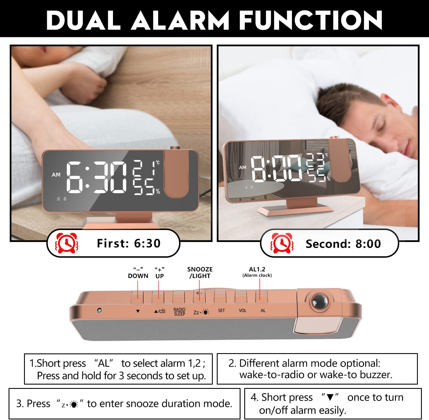 Eine Anleitung für einen Wecker mit zwei Alarmzeiten um 6:30 und 8:00 Uhr und erklärten Tasten.