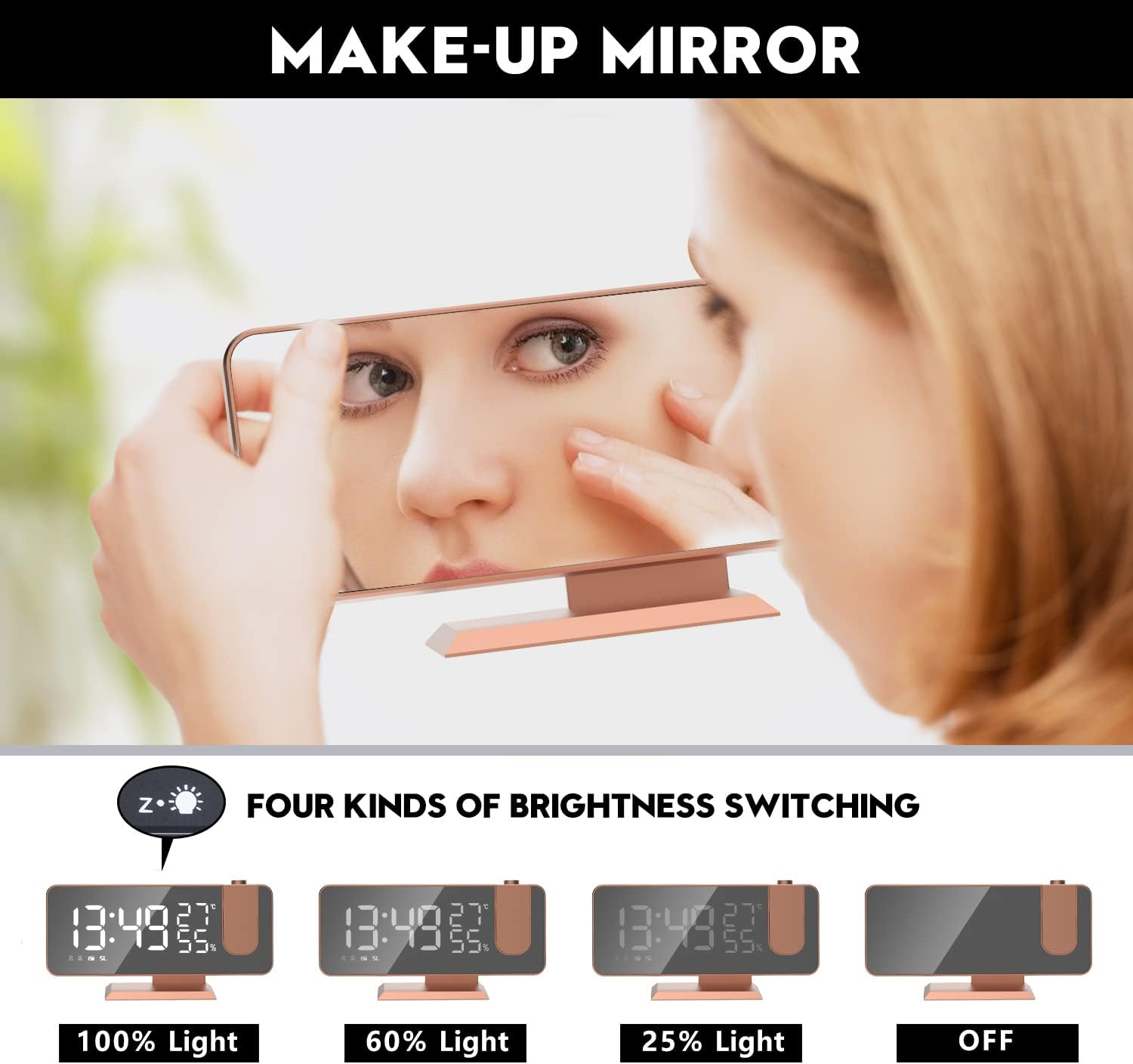 Eine Frau blickt in einen roségoldenen Make-up-Spiegel mit digitaler Zeitanzeige und vier Helligkeitsstufen.