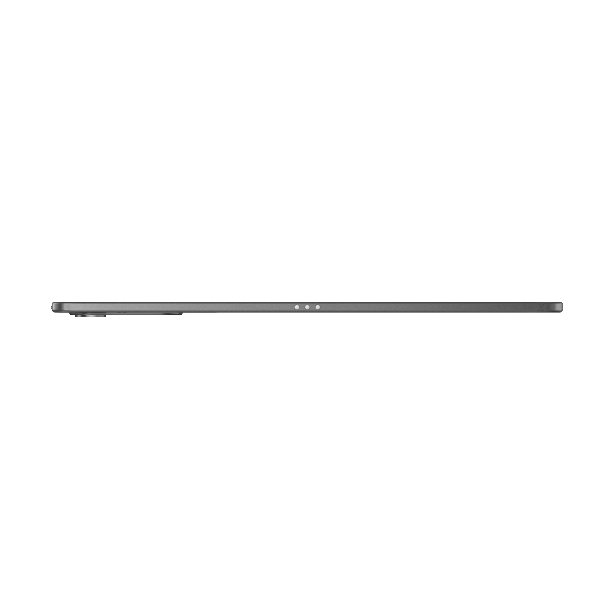 Vista laterale di un tablet sottile e grigio con tre pin di connessione al centro e una fotocamera a sinistra, su sfondo bianco.