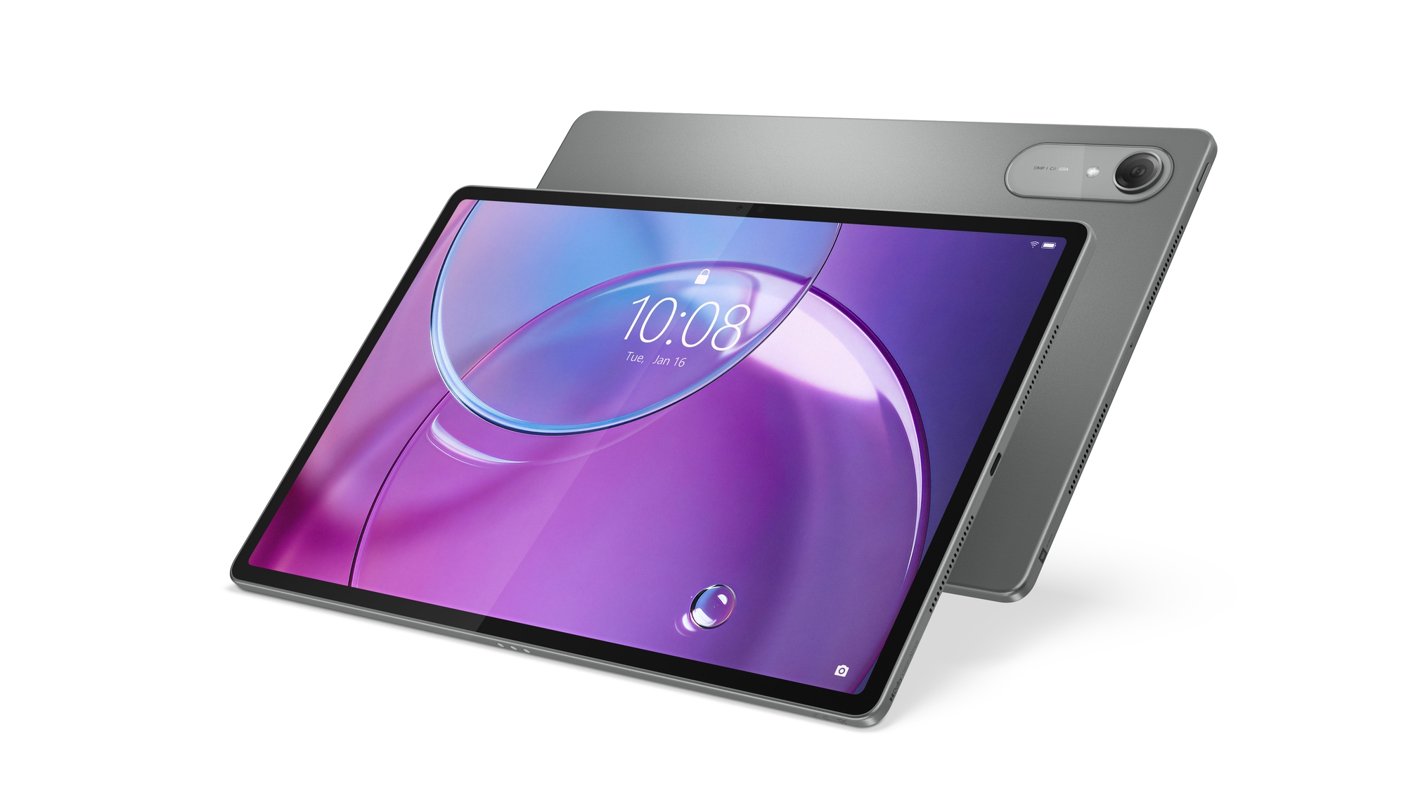 Due tablet grigi sono in piedi, uno mostra uno schermo viola con orologio.