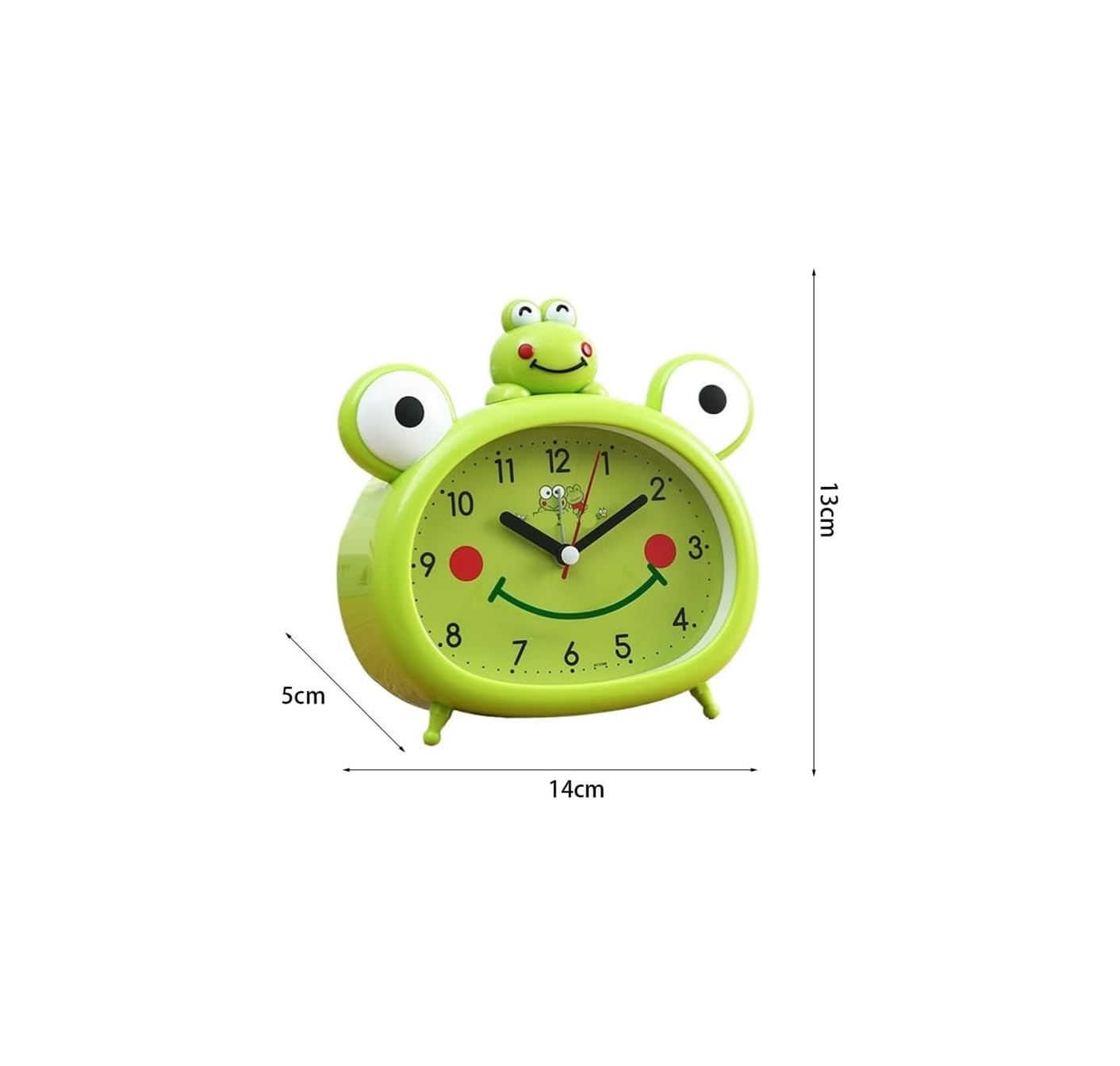 Grüner Frosch-Wecker mit Dimensionen: 14cm Breite, 13cm Höhe und 5cm Tiefe.