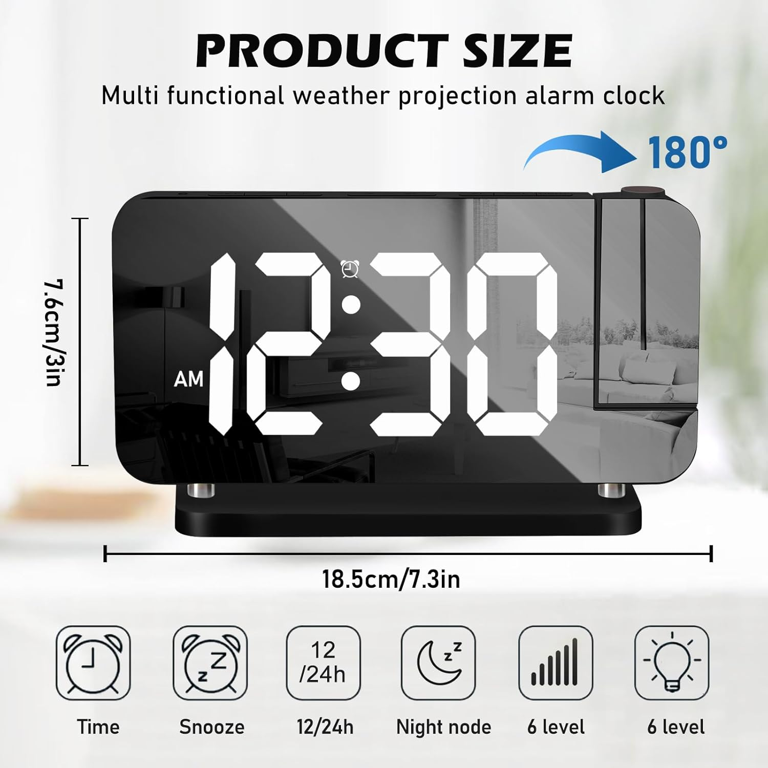 Digitale Wecker mit LED-Anzeige, Maßen und Funktionssymbolen wie Snooze und Zeiteinstellung.