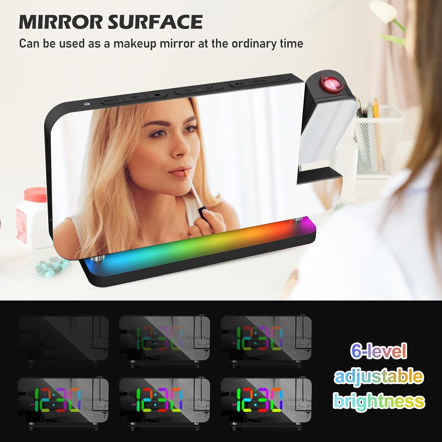Ein digitaler Wecker mit Spiegelfläche und RGB-Leiste zeigt verschiedene Helligkeitsstufen.