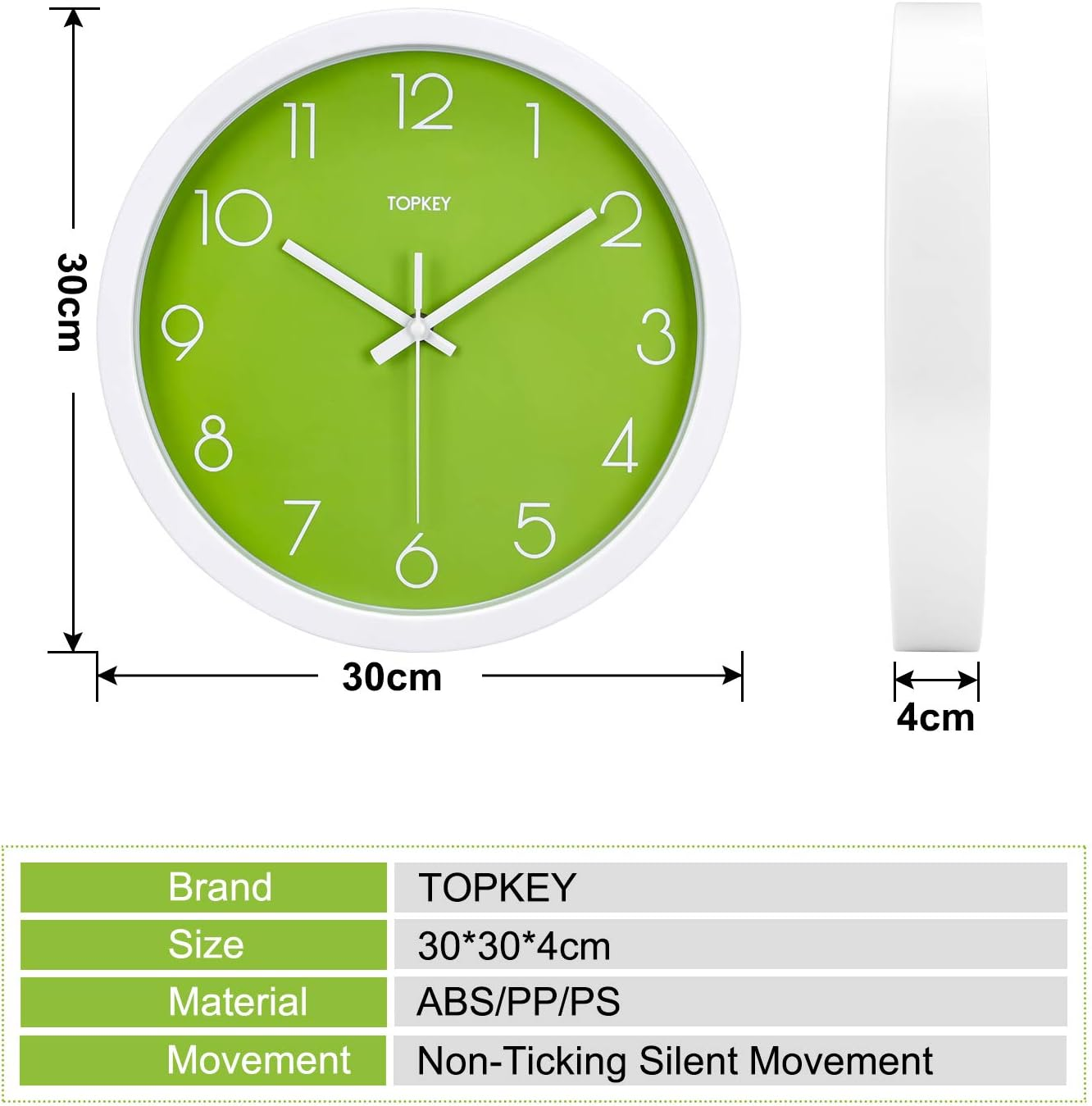 Grüne Wanduhr, 30x30x4 cm, mit weißem Rahmen und weißen Ziffern. Spezifikationen unten angezeigt.