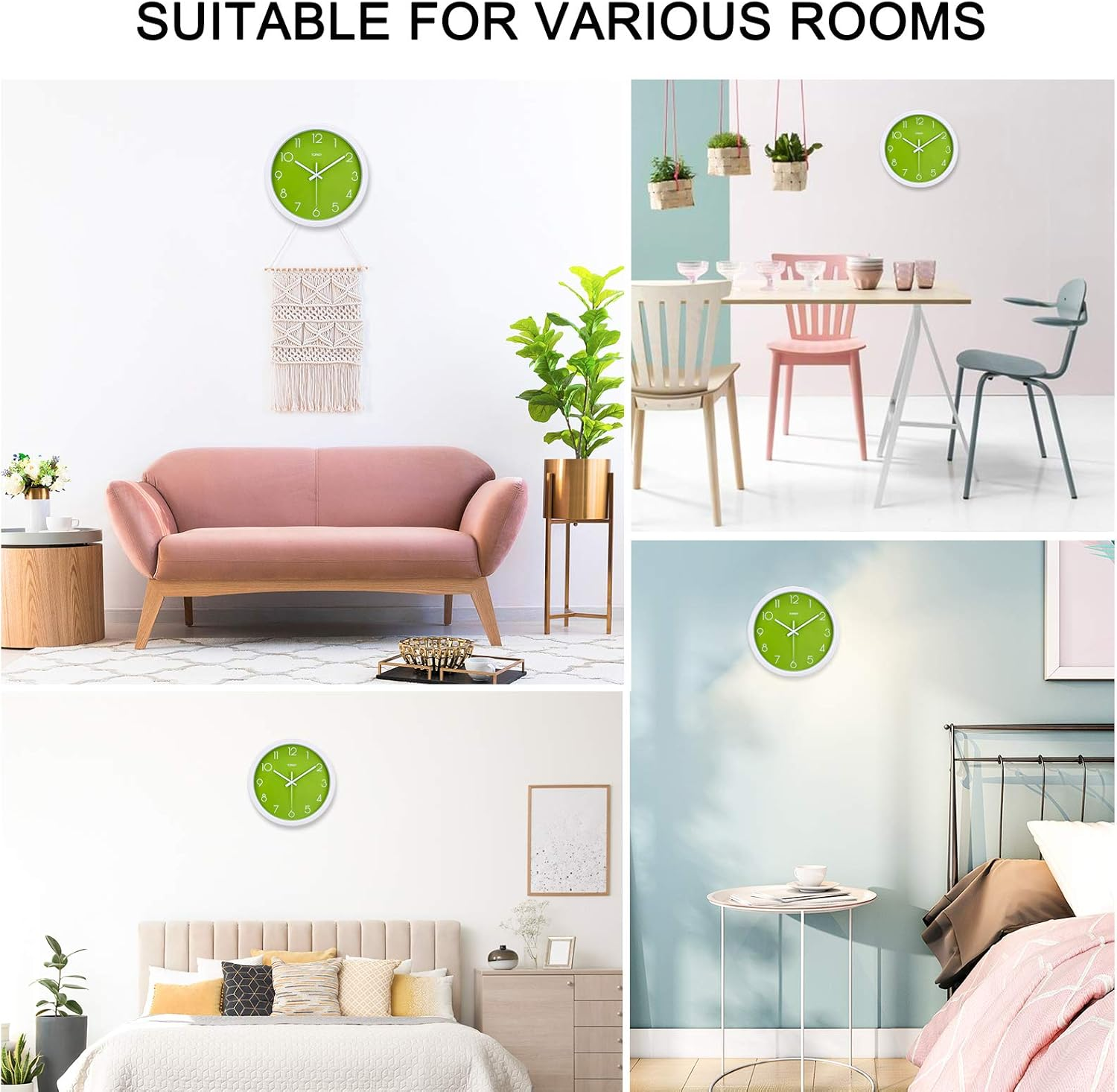 Eine Collage zeigt eine leuchtend grüne Wanduhr in vier verschiedenen Räumen: Wohnzimmer, Esszimmer und zwei Schlafzimmer.