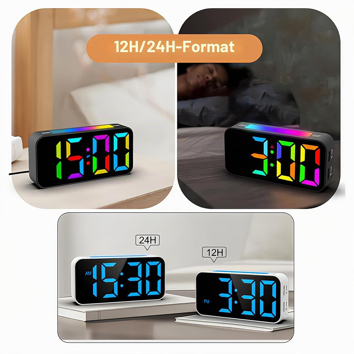 Digitale Wecker mit großen, bunten LED-Zahlen in 12H- und 24H-Format auf einem Nachttisch.