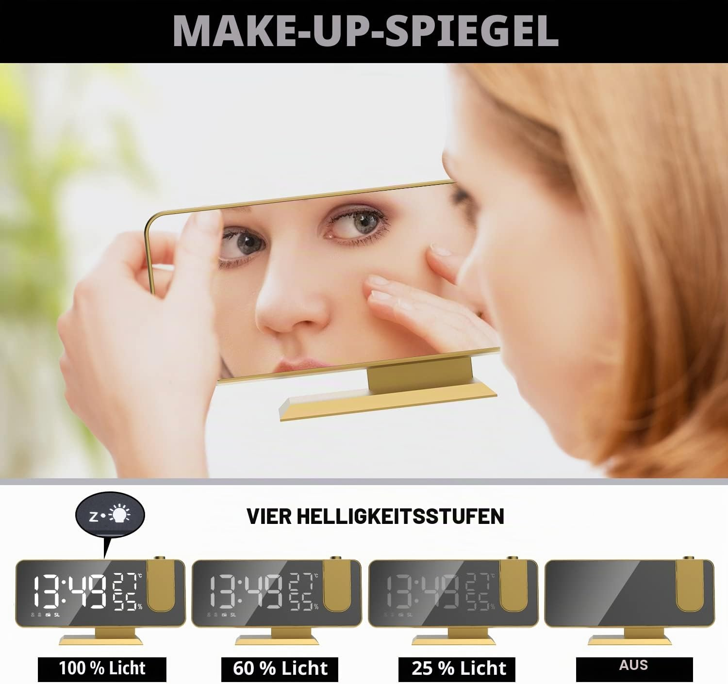 Eine Frau nutzt einen vergoldeten Make-up-Spiegel mit LED-Helligkeitsstufen.