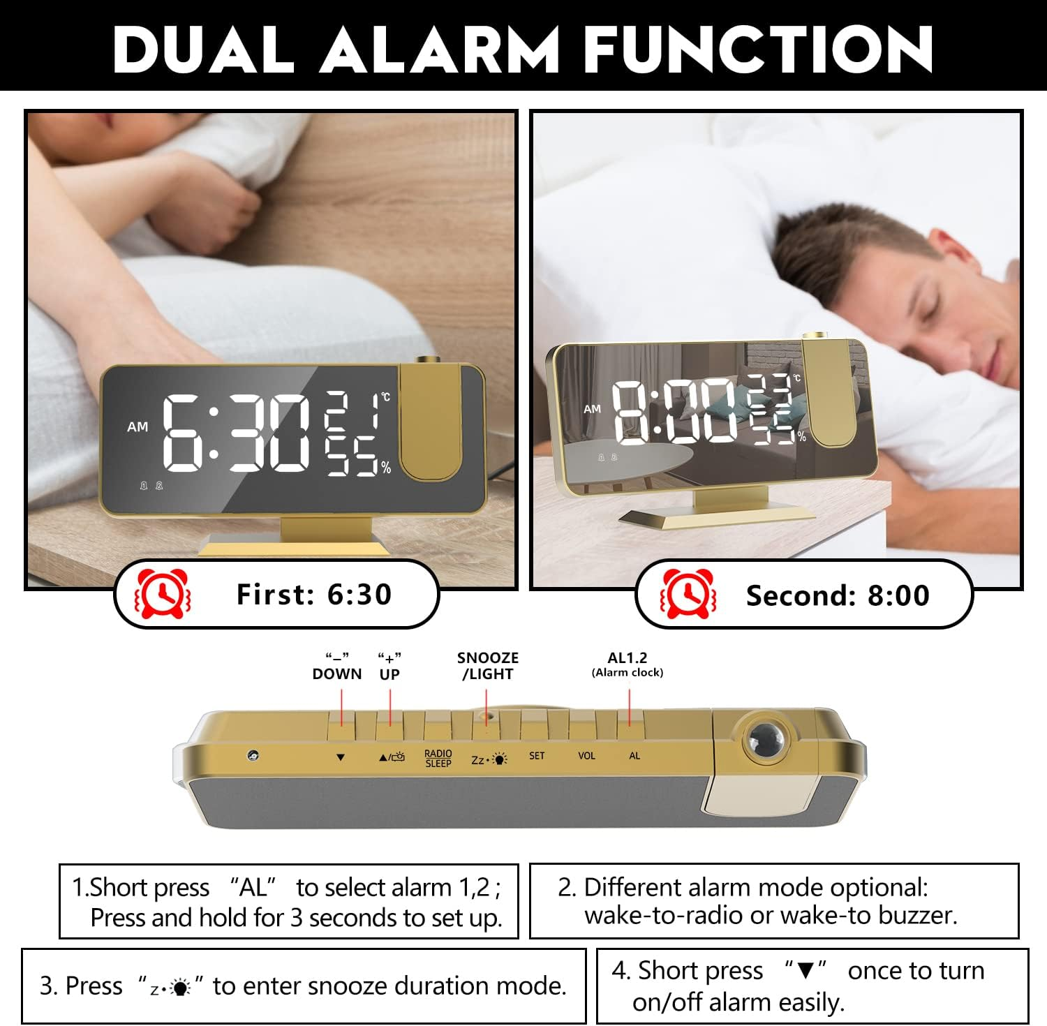 Infografik zeigt die Dual-Alarm-Funktion eines goldenen Digitalweckers mit Uhrzeit, Tasten und Anweisungen.