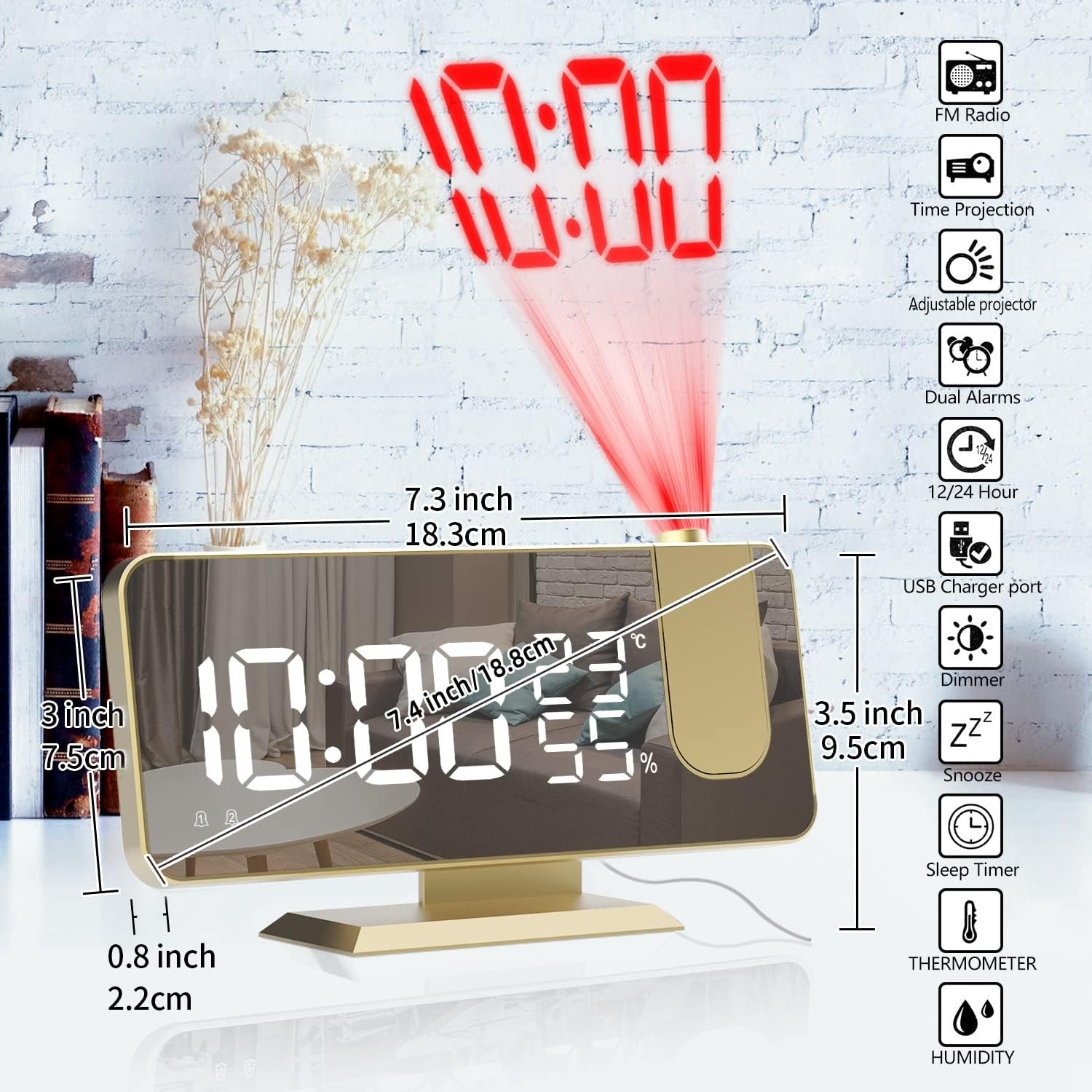 Ein digitaler Projektionswecker zeigt Uhrzeit, Temperatur und Luftfeuchtigkeit mit Symbolen an.