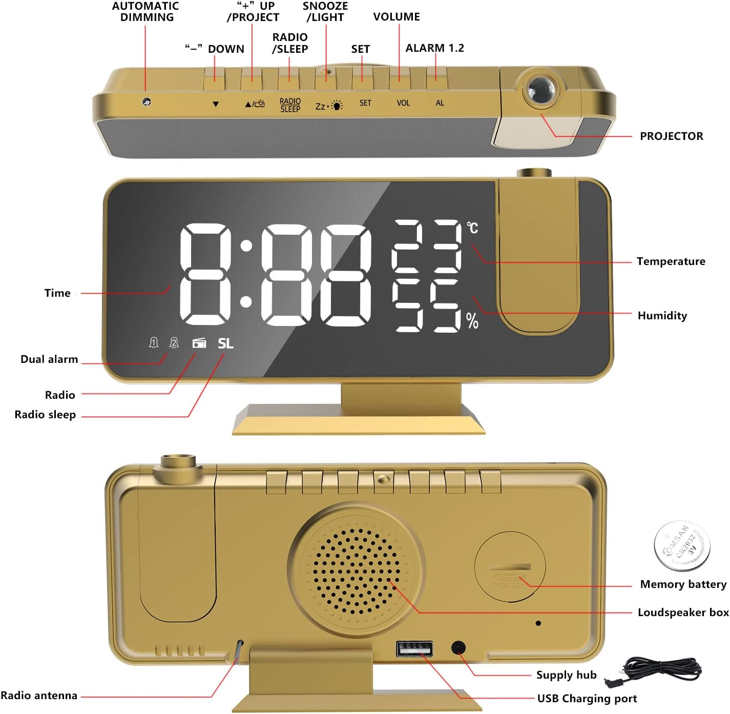Diagramm eines goldenen Projektionsweckers mit Tasten, Display, Lautsprecher und Anschlüssen sowie Funktionsbeschreibungen.