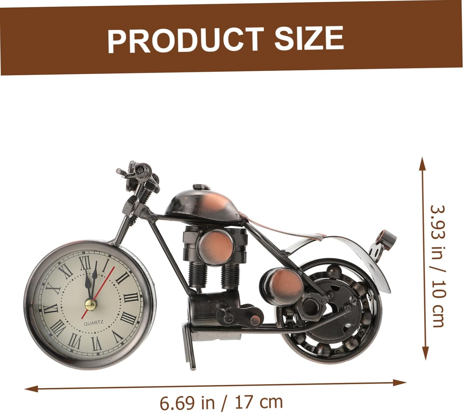 Motorradförmige Tischuhr aus Metall mit römischen Ziffern, 17 cm lang und 10 cm hoch.