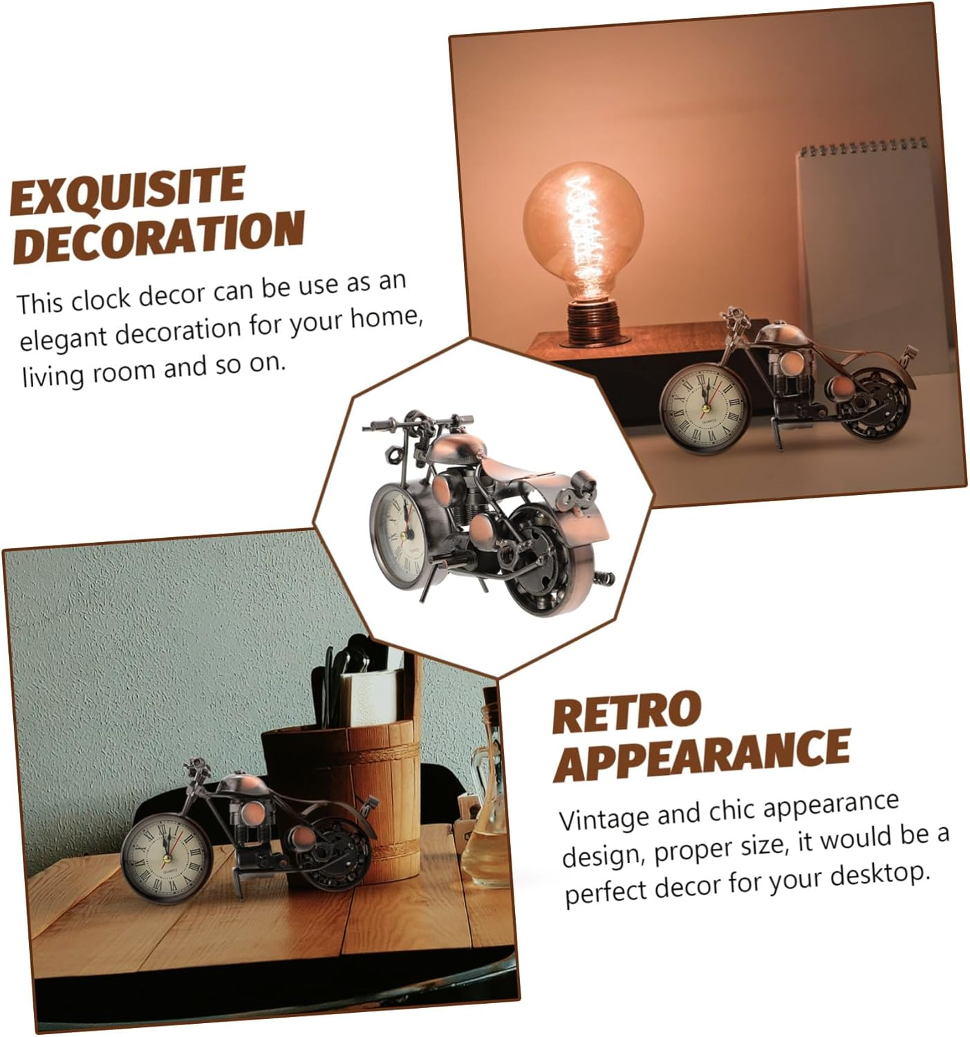 Verschiedene Ansichten einer retro Motorrad-Uhr als Schreibtischdekoration neben einer Lampe und einem Notizblock.