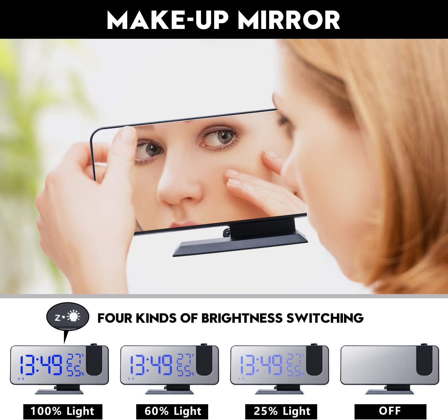Eine Frau nutzt einen Make-up-Spiegel mit LED-Helligkeitsstufen.