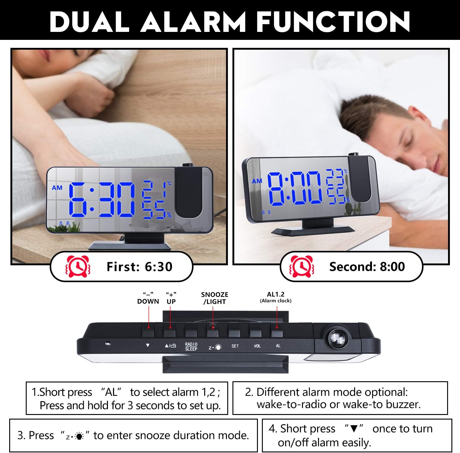 Anleitung zur Dual-Alarm-Funktion eines digitalen Weckers mit zwei Weckzeiten und Tastenbelegung.