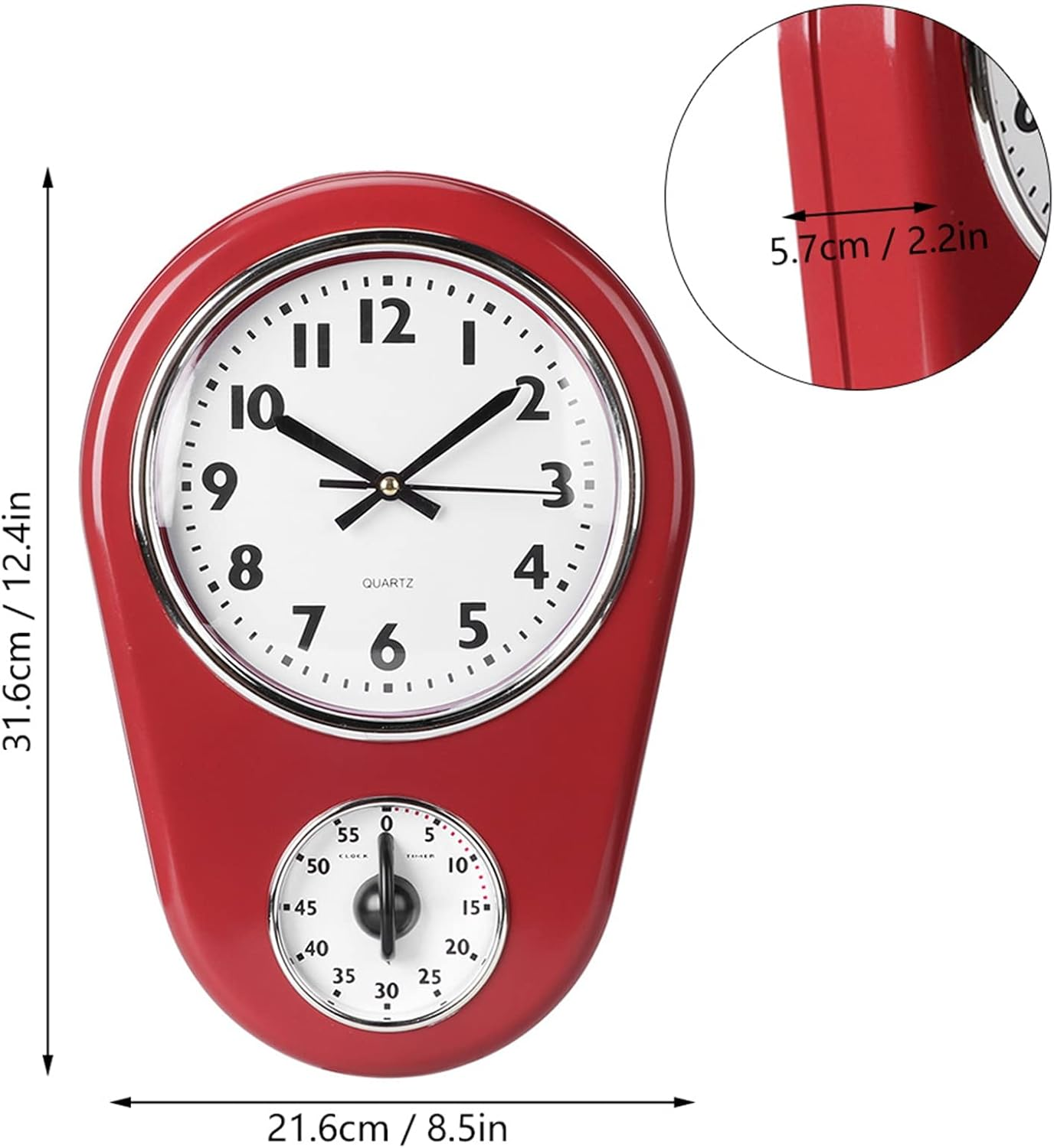 Rote Vintage-Wanduhr mit Timer und Maßangaben in Zentimetern und Zoll.