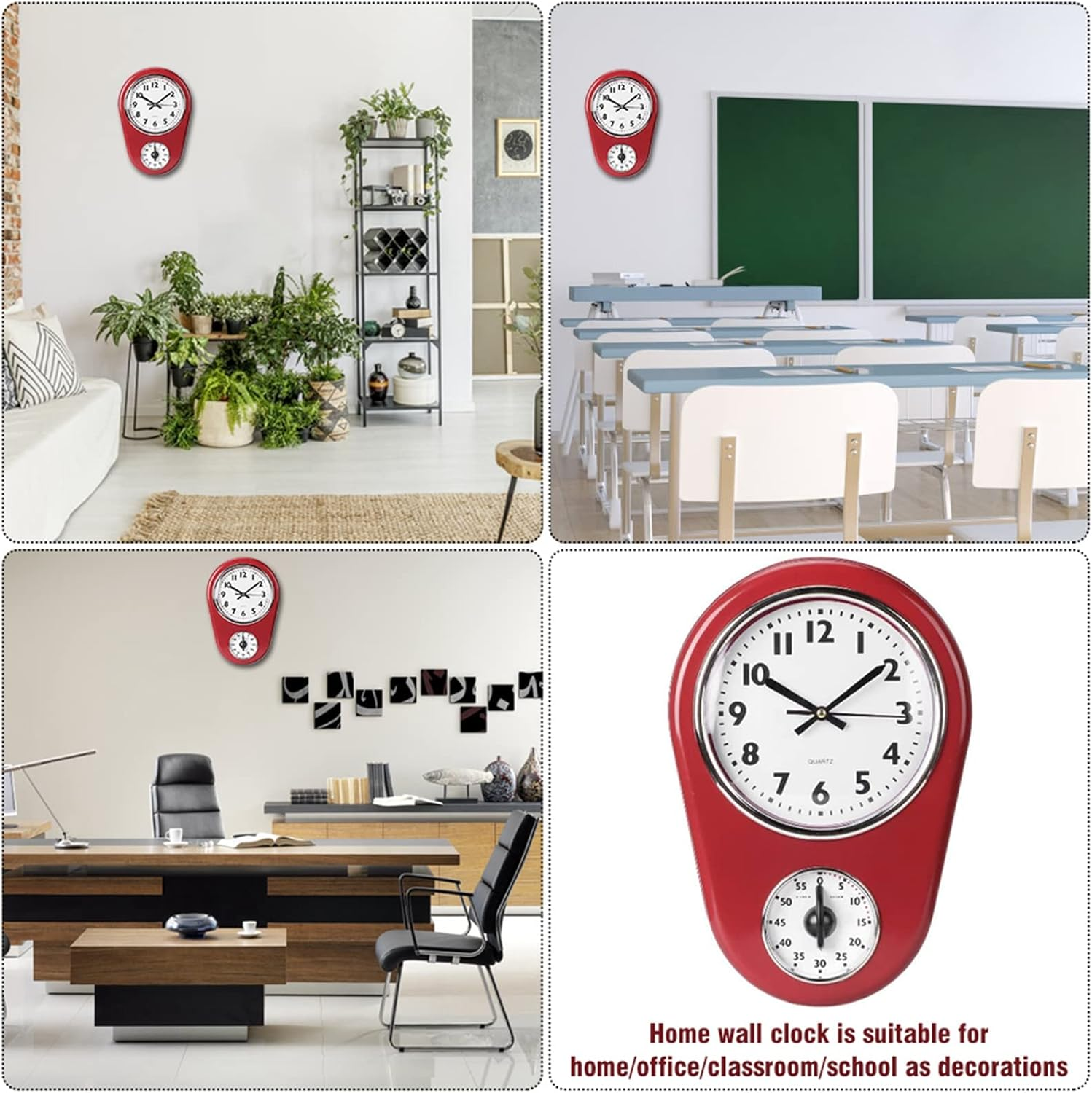 Rote Wanduhr geeignet für Zuhause, Büro, Klassenzimmer und Schule.