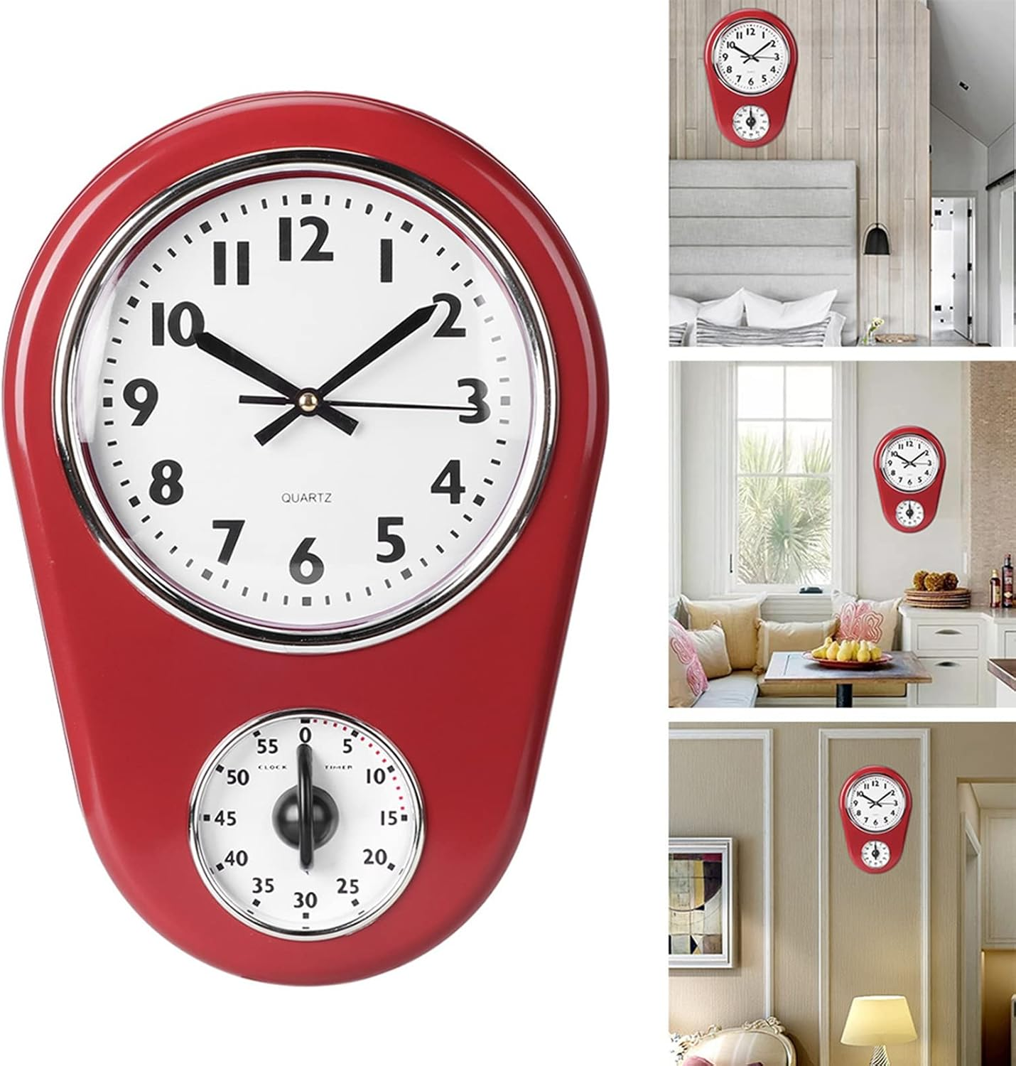 Rote Vintage-Wanduhr mit integriertem Timer und weißem Zifferblatt.