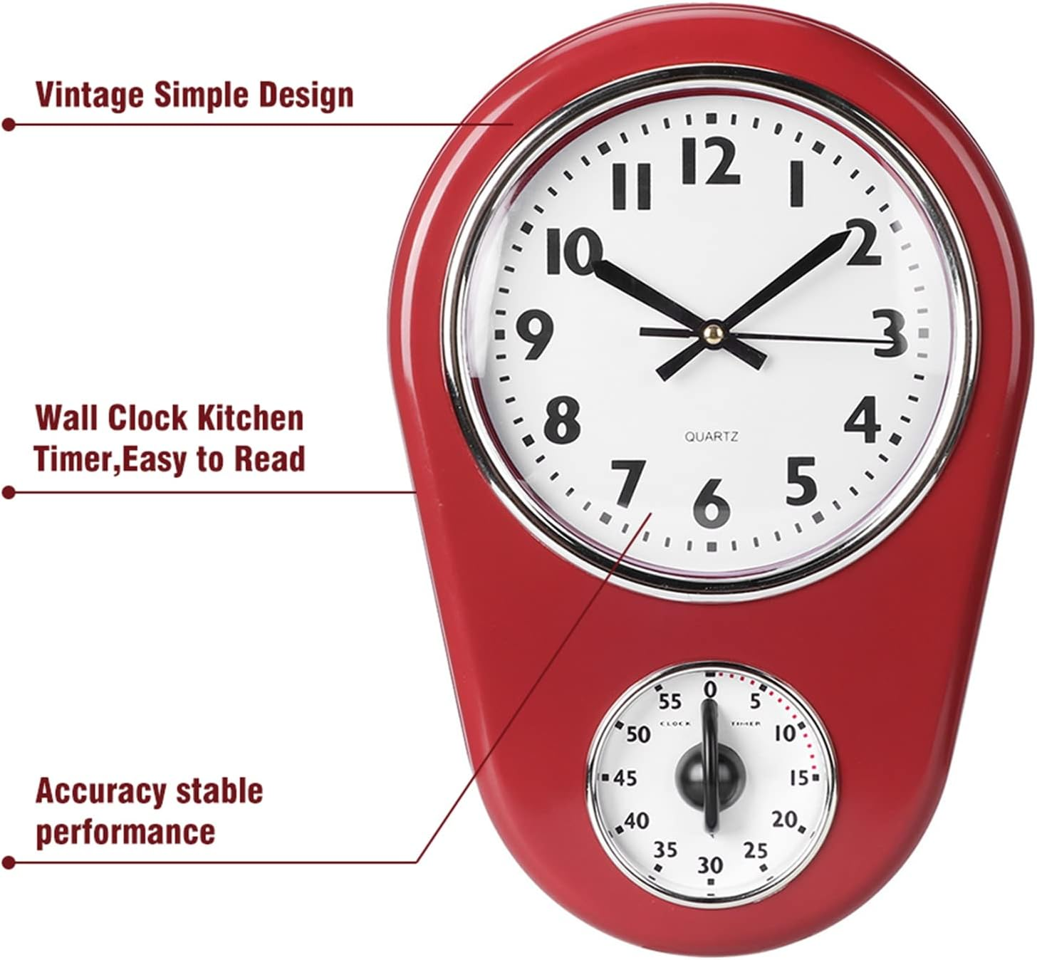 Eine rote Wanduhr mit weißem Zifferblatt, schwarzen Zahlen und einem integrierten mechanischen Timer.