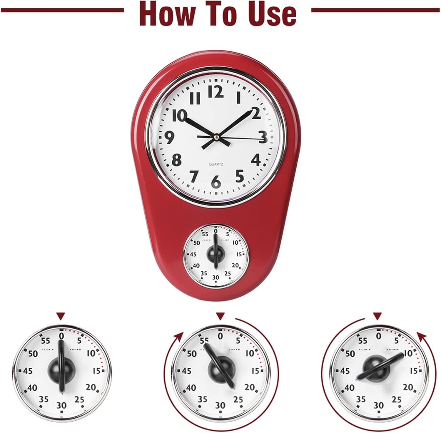 Rote Küchenuhr mit oberer Uhrzeit und unterem Timer.