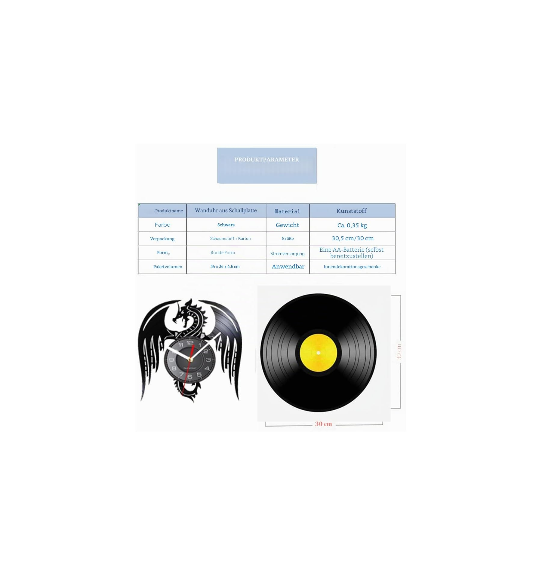 Produktdetails und Maße einer Wanduhr aus einer Schallplatte mit Drachenmotiv und einer normalen Vinylplatte.
