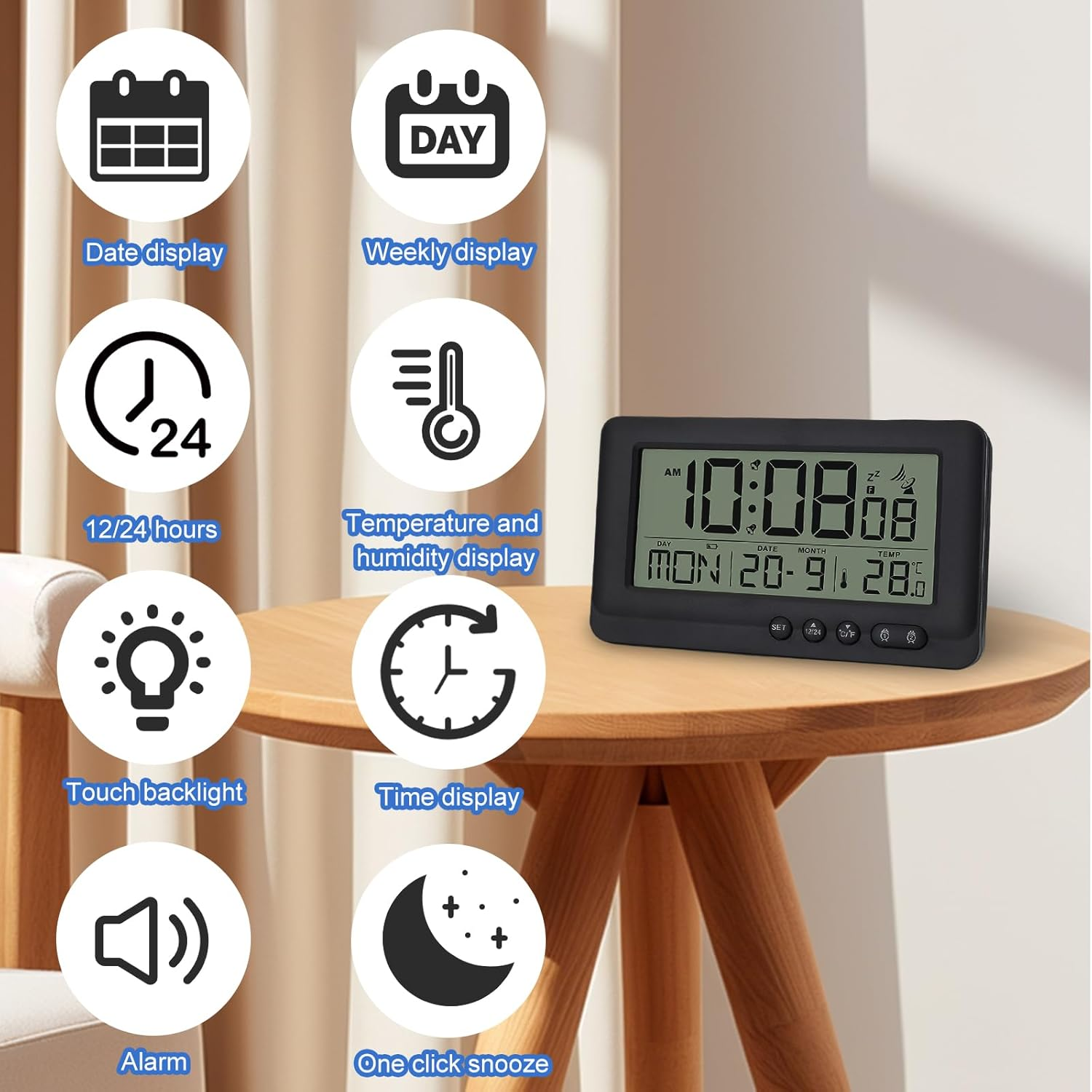 Eine schwarze Digitaluhr auf einem Holztisch, umgeben von Funktionssymbolen wie Datum, Temperatur und Alarm.